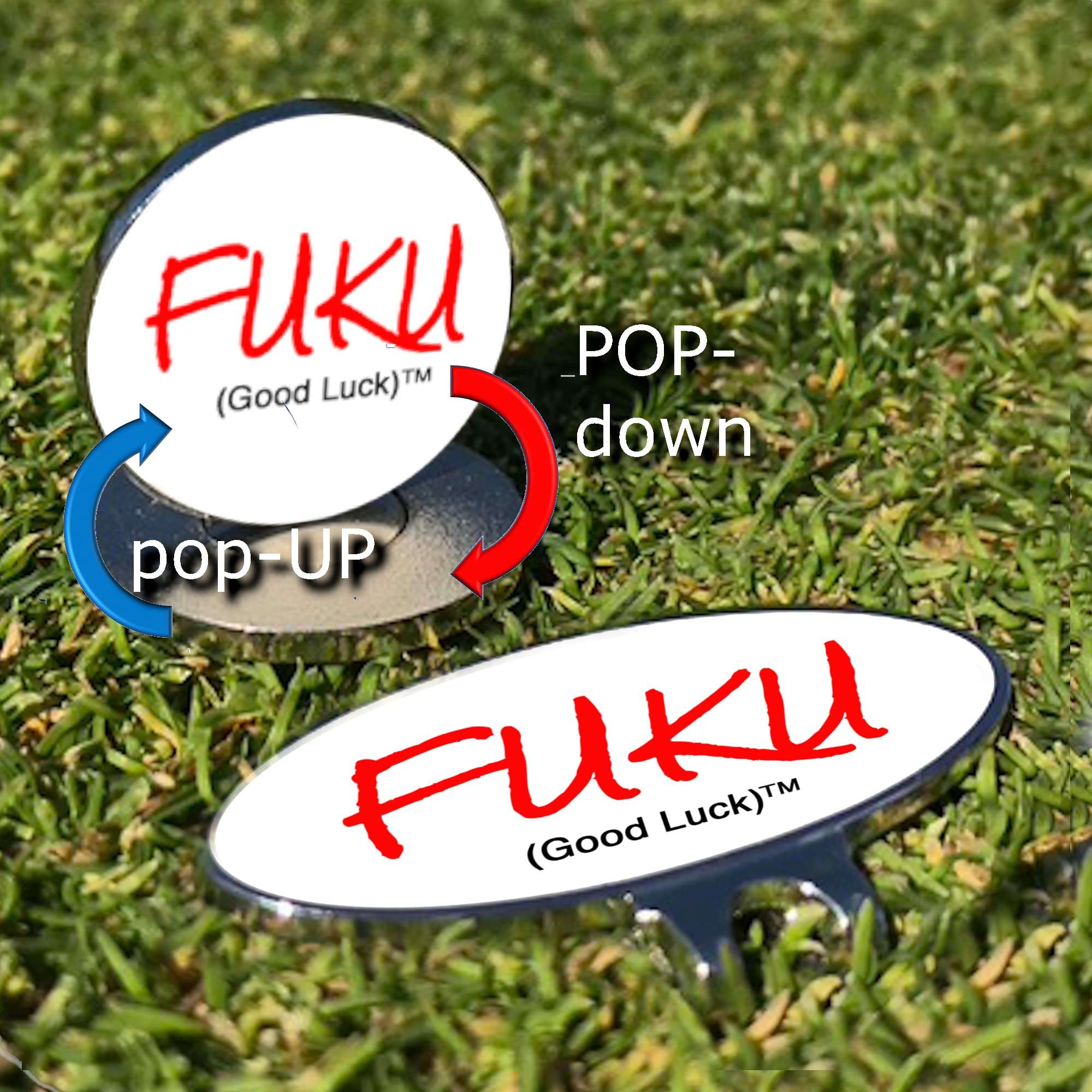 Sofa King Rad FukU Means Good Luck in Japanese. pop-UP Ball Markers Stand-UP on Their Edge to Make a Statement. Now You can Wish Your Buddy “Good Luck” on his Next putt and say How You Really Feel-. 2