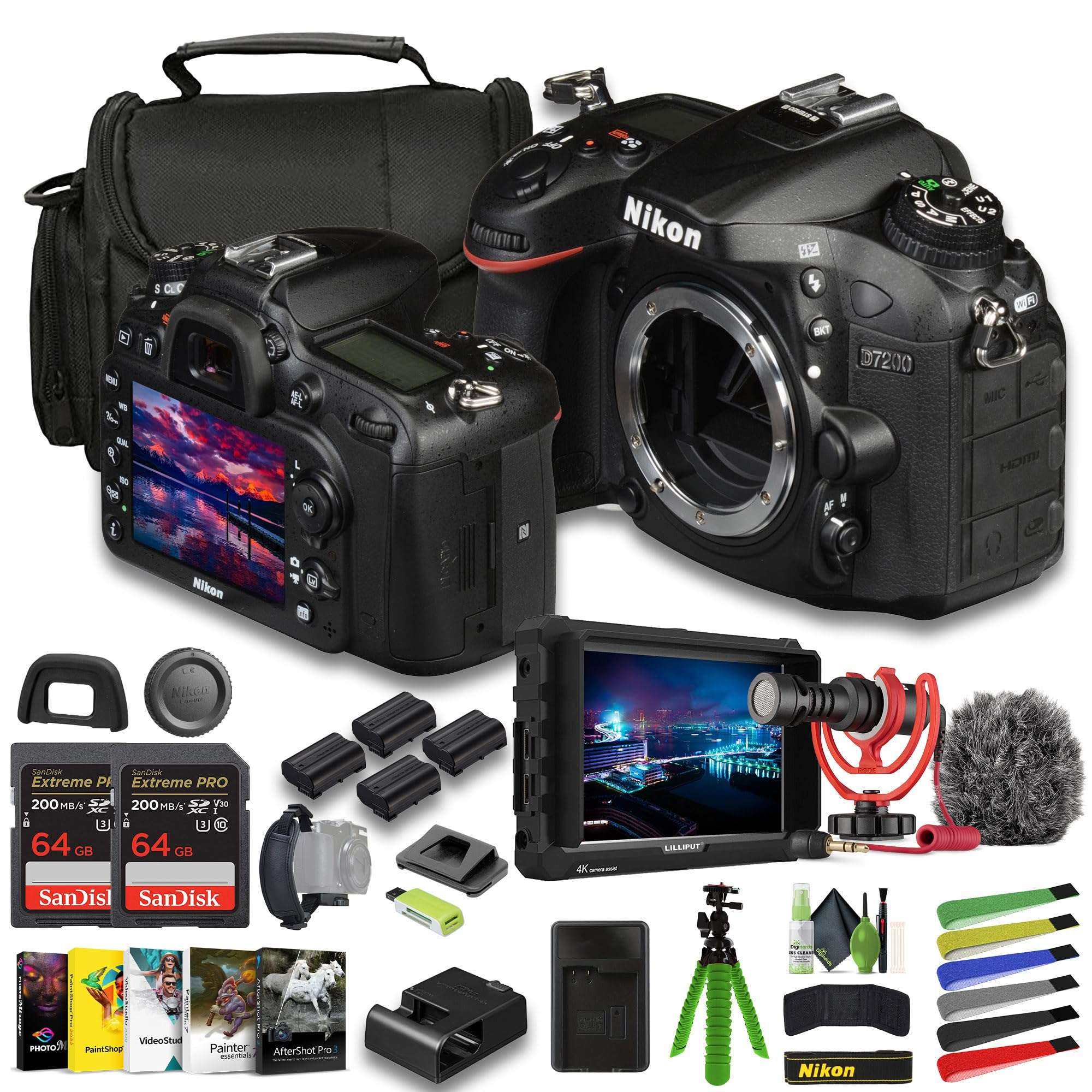 Nikon D7200 24.2 MP DX-Format Digital SLR Camera + 3X EN-EL15C Battery + External Charger + 2X Extreme PRO 64GB Card + 12 Inch Flex Tripod + Photo Editing Software + Mic + External Monitor + More 1