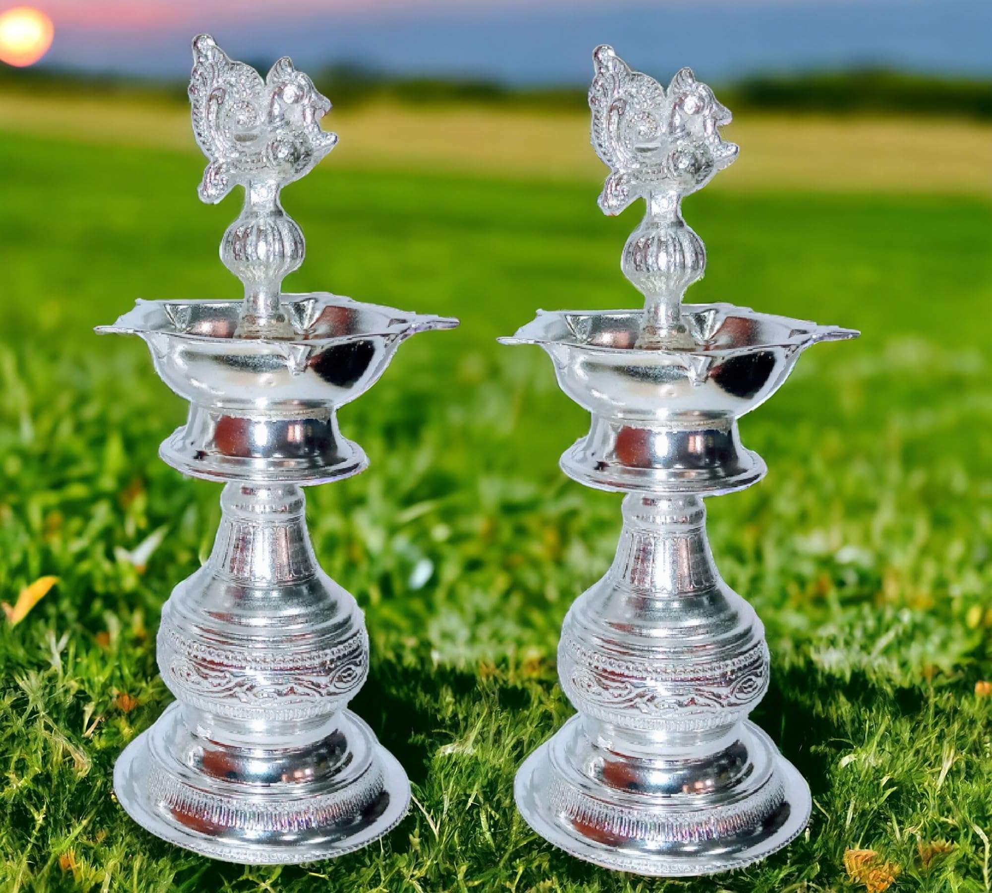 Sigaram 8 Inch Peacock Handle Pure German Silver Diya Lamp Deepam for Home Puja Decor K4240 3