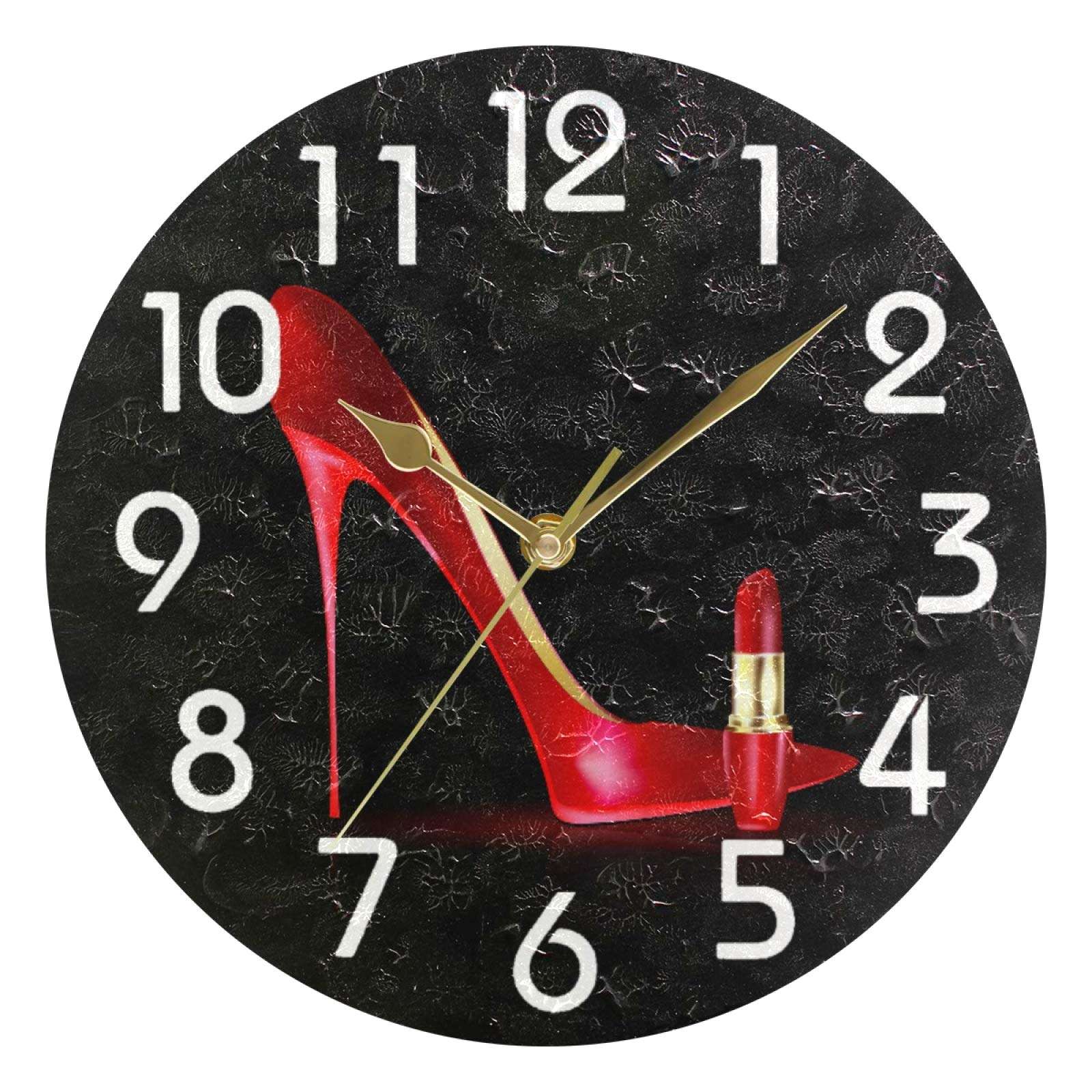 Naanle Trendy Red Shoe Llipstick Lady Black Round Wall Clock, 9.5 Inch Battery Operated Quartz Analog Quiet Desk Clock for Home,Kitchen,Office,School 1