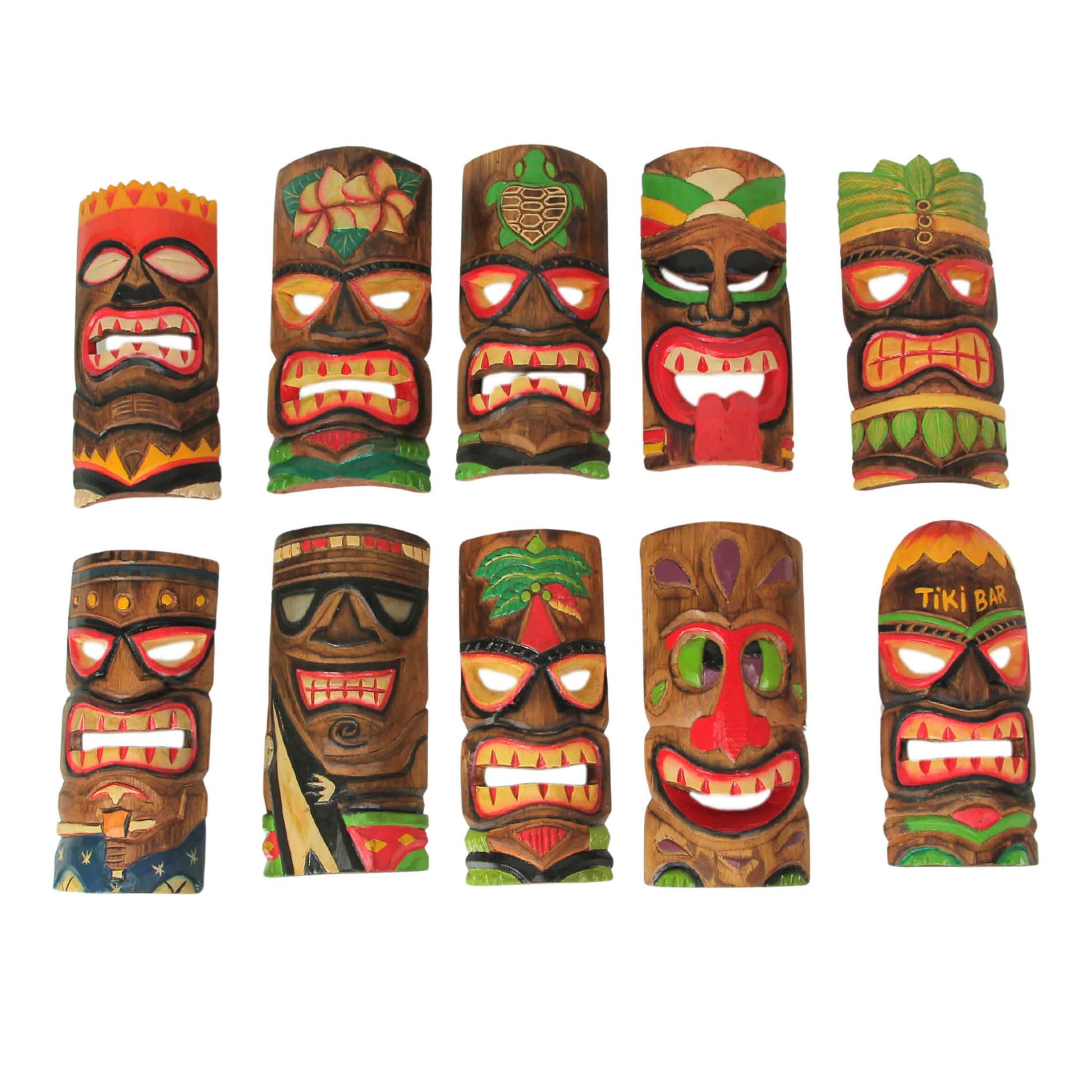 Set of 10 Hand-Carved Wood Polynesian Design Hawaiian Tiki Wall Hanging Masks - Exquisite 10-Inch High Masks for Vibrant Tropical Decor - Easy to Hang - Bright Colors