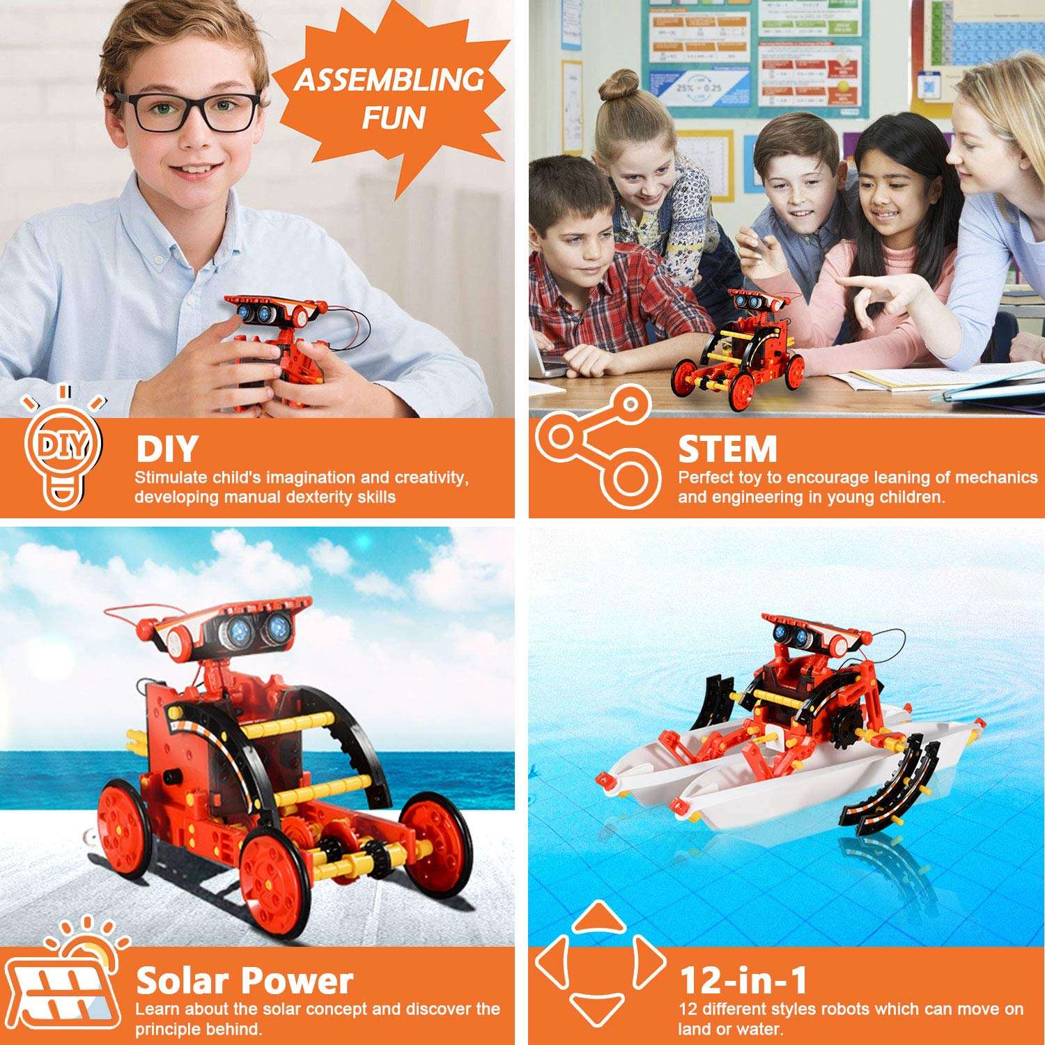 Solar Robot Kit for Kids Age 8-12, STEM Building Toys,6-in-1 Build Your Own Robot with Solar Panel & Battery Power, Science Educational Christmas Birthday Idea Gifts for Boy Age 8 9 10 11 12 4