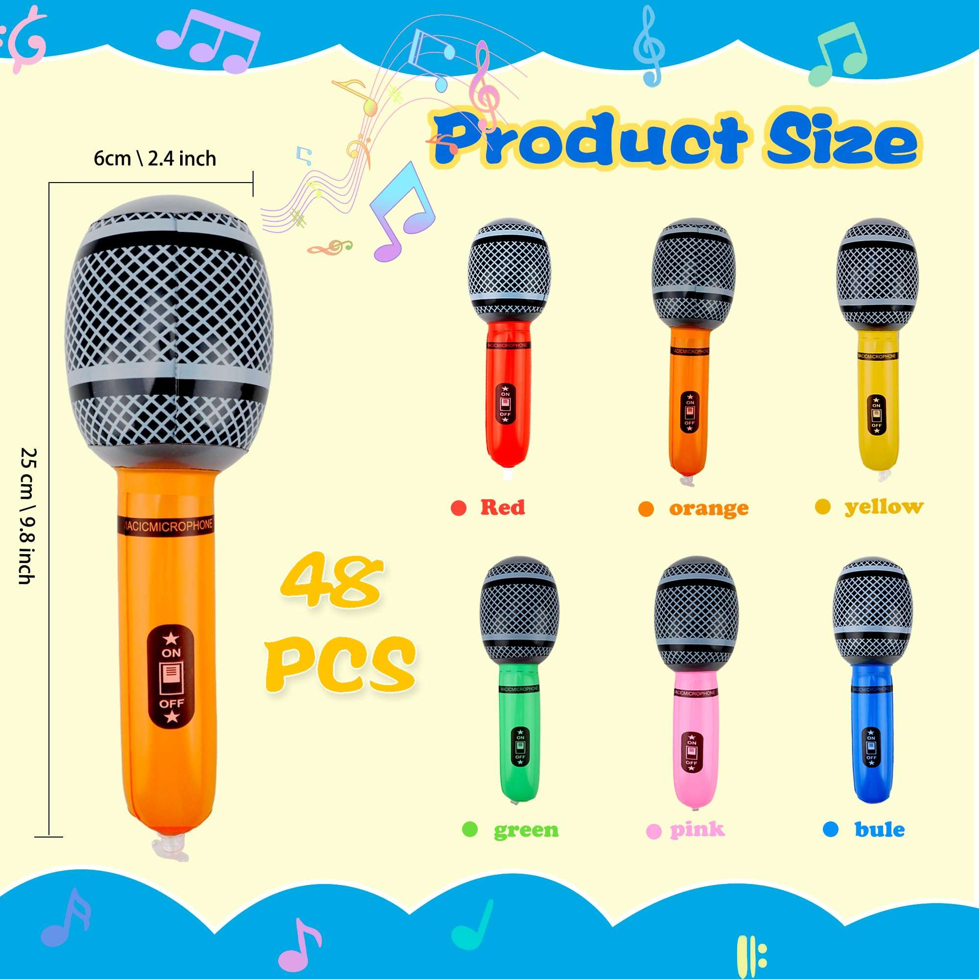 48 Pack Inflatable Microphones Blow up Microphone Bulk Pretend Inflatable Microphone Props Toys for 80s 90s Musical Concert Themed Cosplay Stage Party Role Play 3