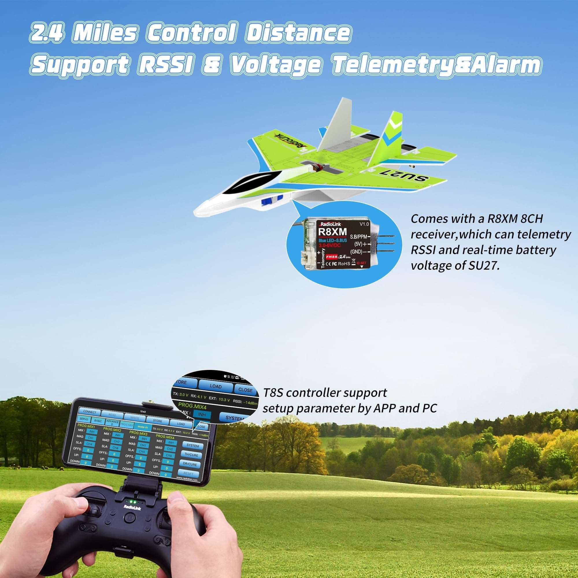 Radiolink SU27 RC Airplane Ready to Fly, 2.4GHz 3CH 2.4 Miles Long Range Aircraft, 4000KV Brushless Motor, 3 Flight Mode with T8S Transmitter & R8XM Receiver, Byme-DB FC, for Beginner or Experienced 6