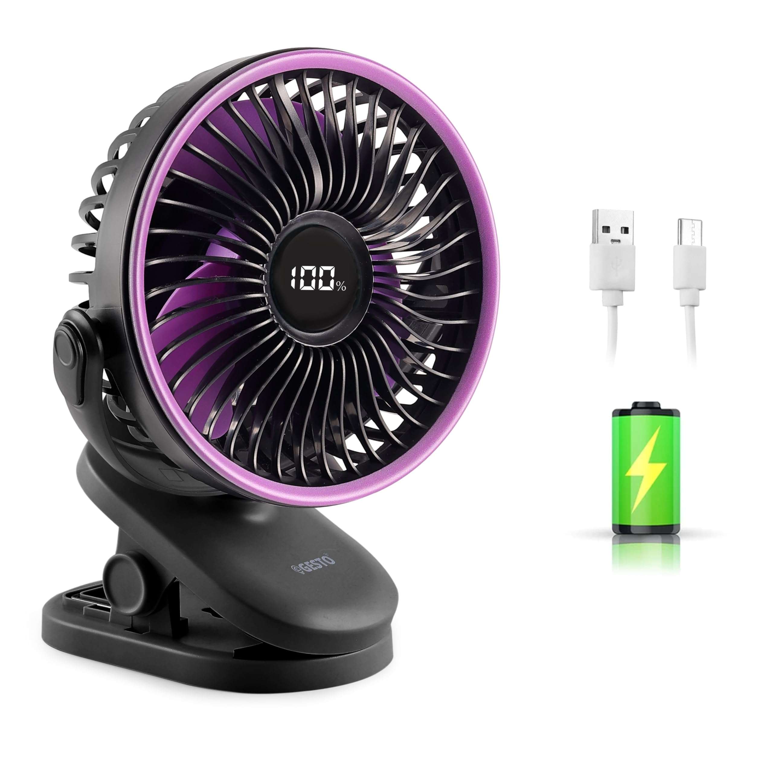 Gesto High Speed Rechargeable Clip-On Table Fan with Digital Display – 360° Moving USB Charging Fan for Home,Kitchen,Baby Stroller | 2000mAh Battery,5 Speed Modes,Portable Battery Operated Fan -Black 1