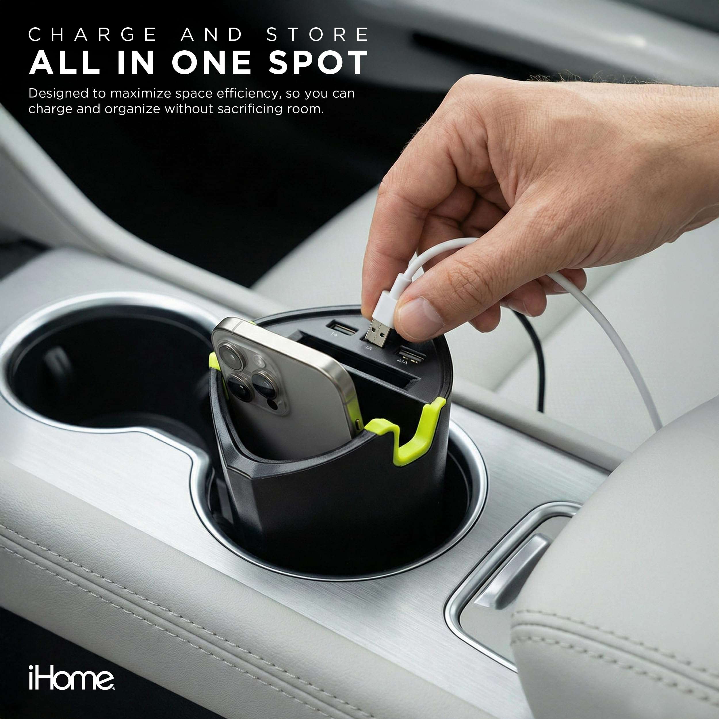 iHome 3 Port Cup Holder Charger, Rapid Charge 2.1A Port, Extra Storage, Universal Fit 6
