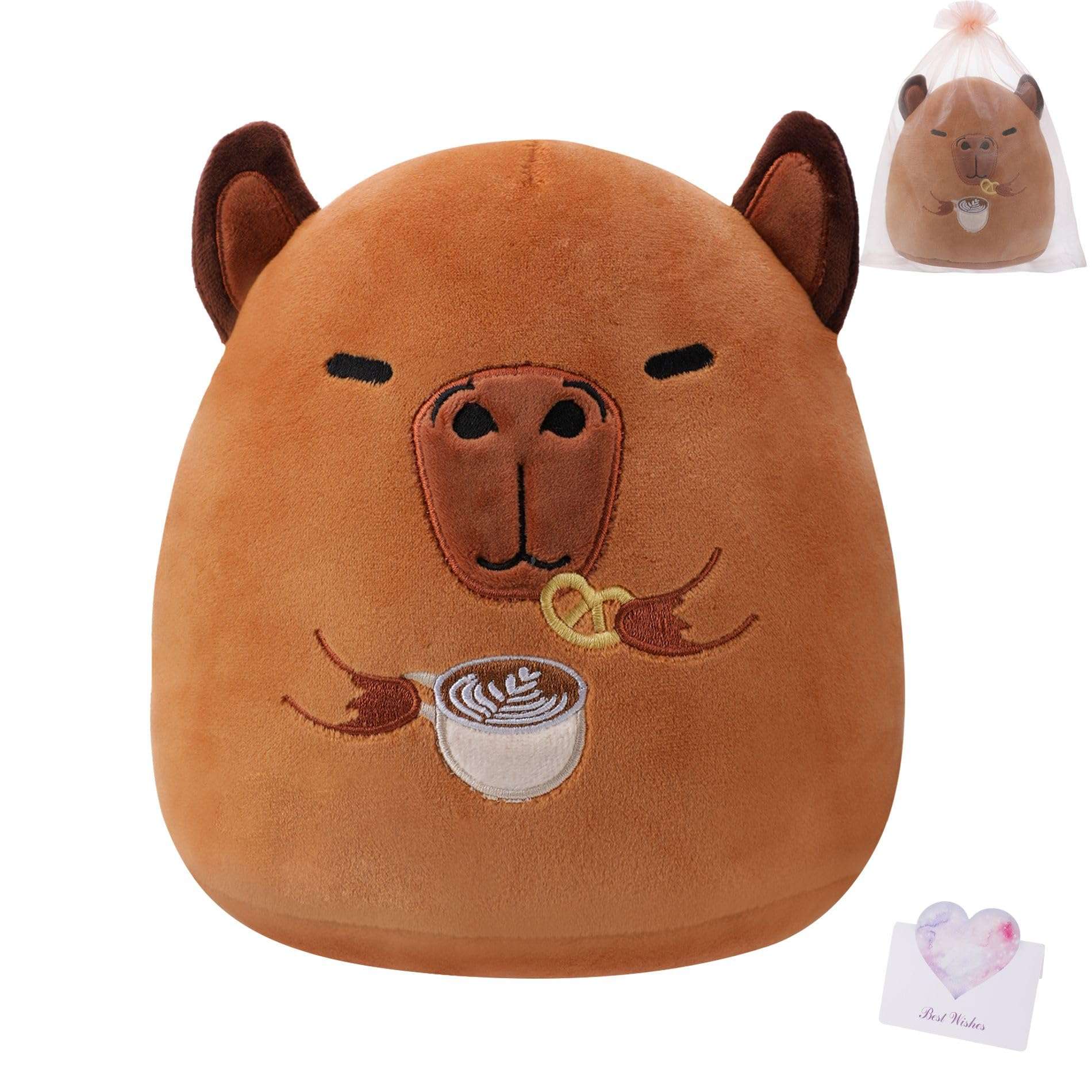 NIUBEHOHO Capybara Plush Coffee Lover's Gift - Capybara Stuffed Animal Pillow for Kids, Mother's Gift with Free Mesh Bag Greeting Card 1