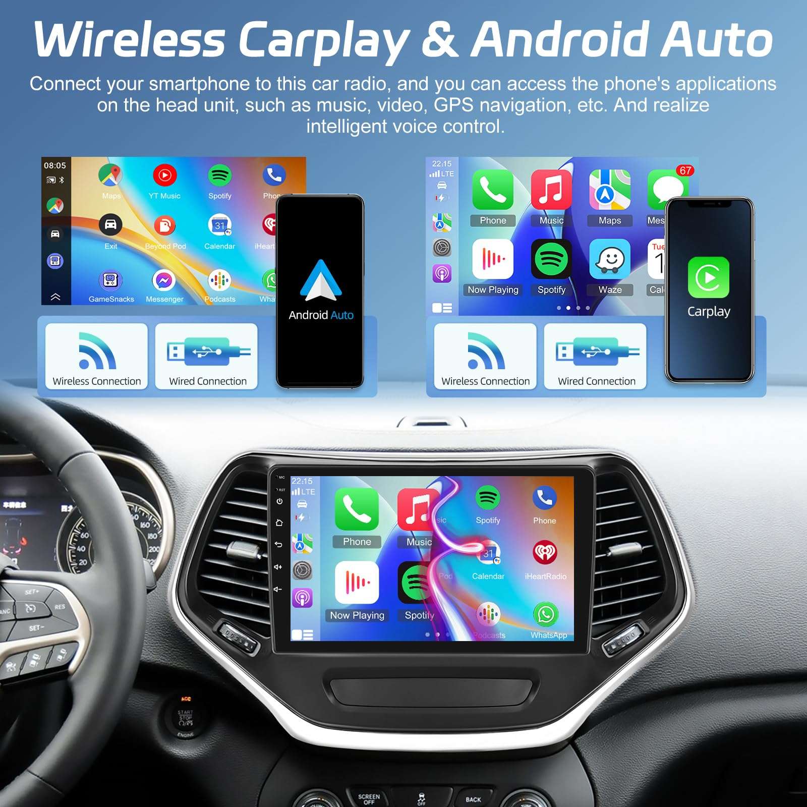 [2+64G] NHOPEEW Car Radio for Jeep Cherokee 2014-2017 with Wireless Carplay and Android Auto - 10 Inch Touchscreen Android Car Stereo - GPS Navi/WiFi/DSP/SWC/Bluetooth + AHD Backup Camera 5