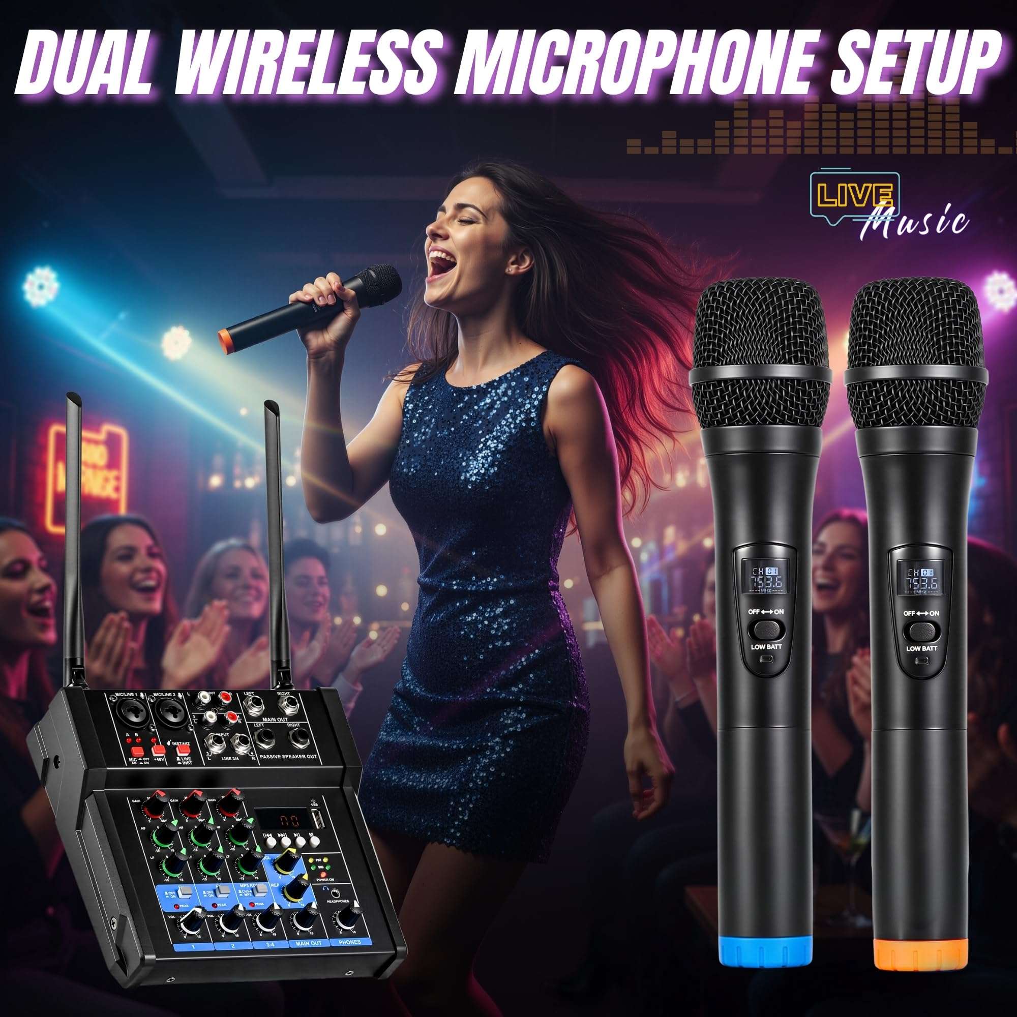 150W x2 Powered Amplifier Audio Mixer, 4 Channel Karaoke Mixer Sound Board with Dual Rechargeable Wireless Microphones, 48V Phantom Power, USB/Bluetooth/Type-C Audio, TV/PC/Phone/MP3 Stereo DJ Mixer 5