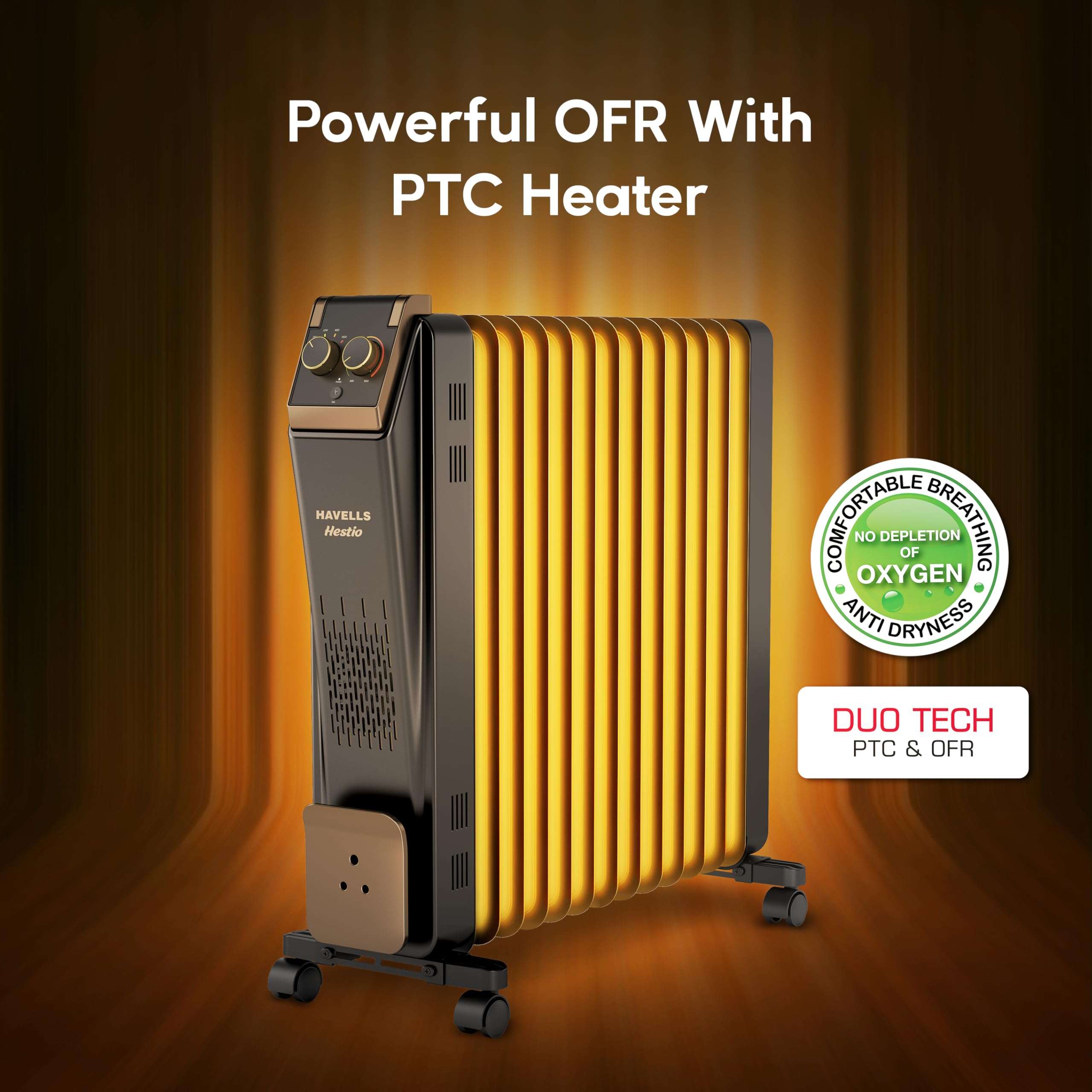 Havells 13 Fin Oil Filled Room Heater (OFR) | Advanced New U-Tech Fast Heating Fins with 10-Year Warranty | 2900W | ISI Approved | PTC Fan Heater | Inclined Control Panel | Black 4