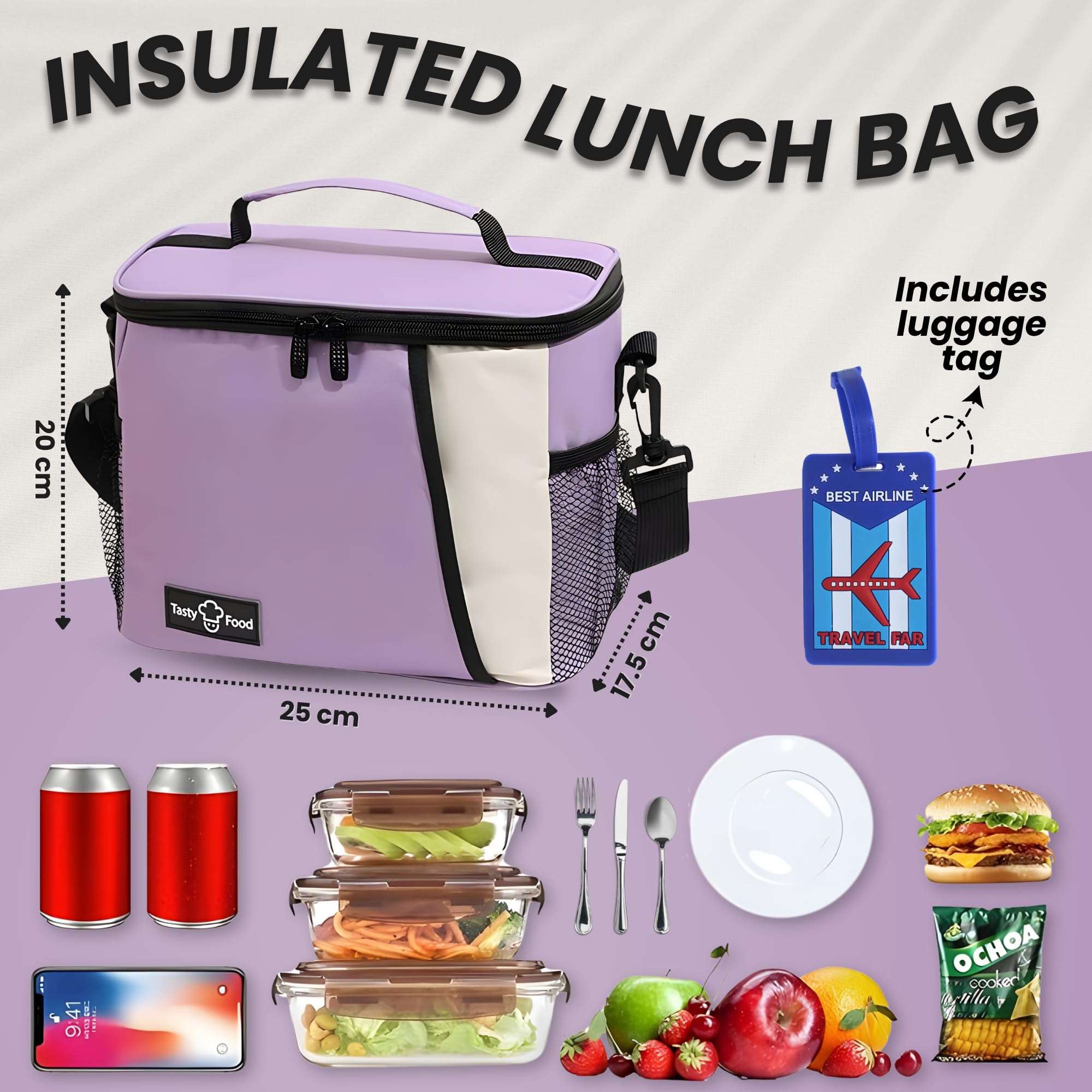 OCEANEVO Insulated Lunch Bag with Luggage Tag, Tiffin Bag for Office with Handle and Shoulder Strap for Men and Women - 25 x 17.5 x 20 Cm - Purple 3