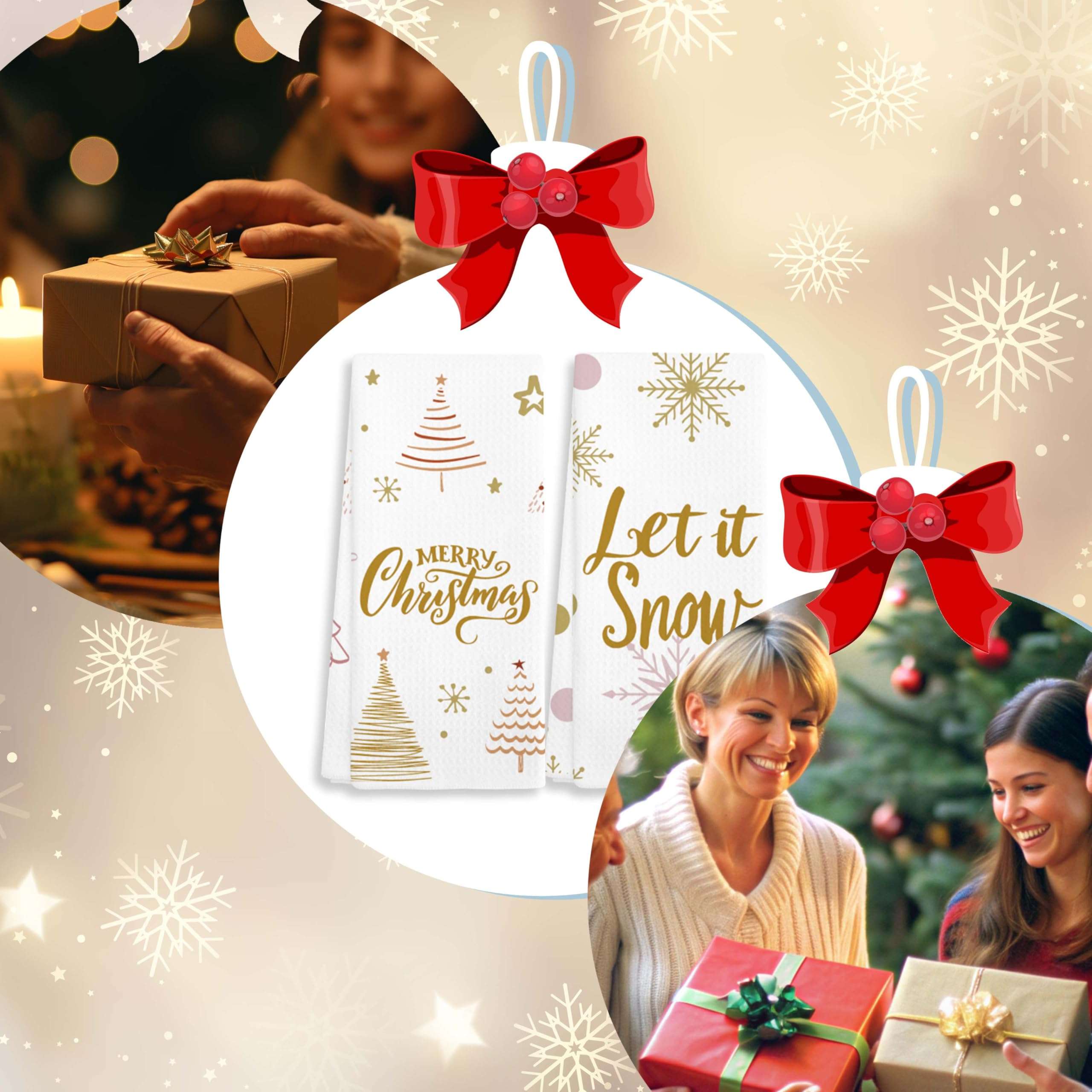EJGFS Christmas Decorative Kitchen Towels Set of 2, ‘Merry Christmas’‘Let It Snow’ Dish Towels, Christmas Ornaments, Hand Towels, Winter Decor, 16x24 Inches, for Family, Friends, etc.(038) 6