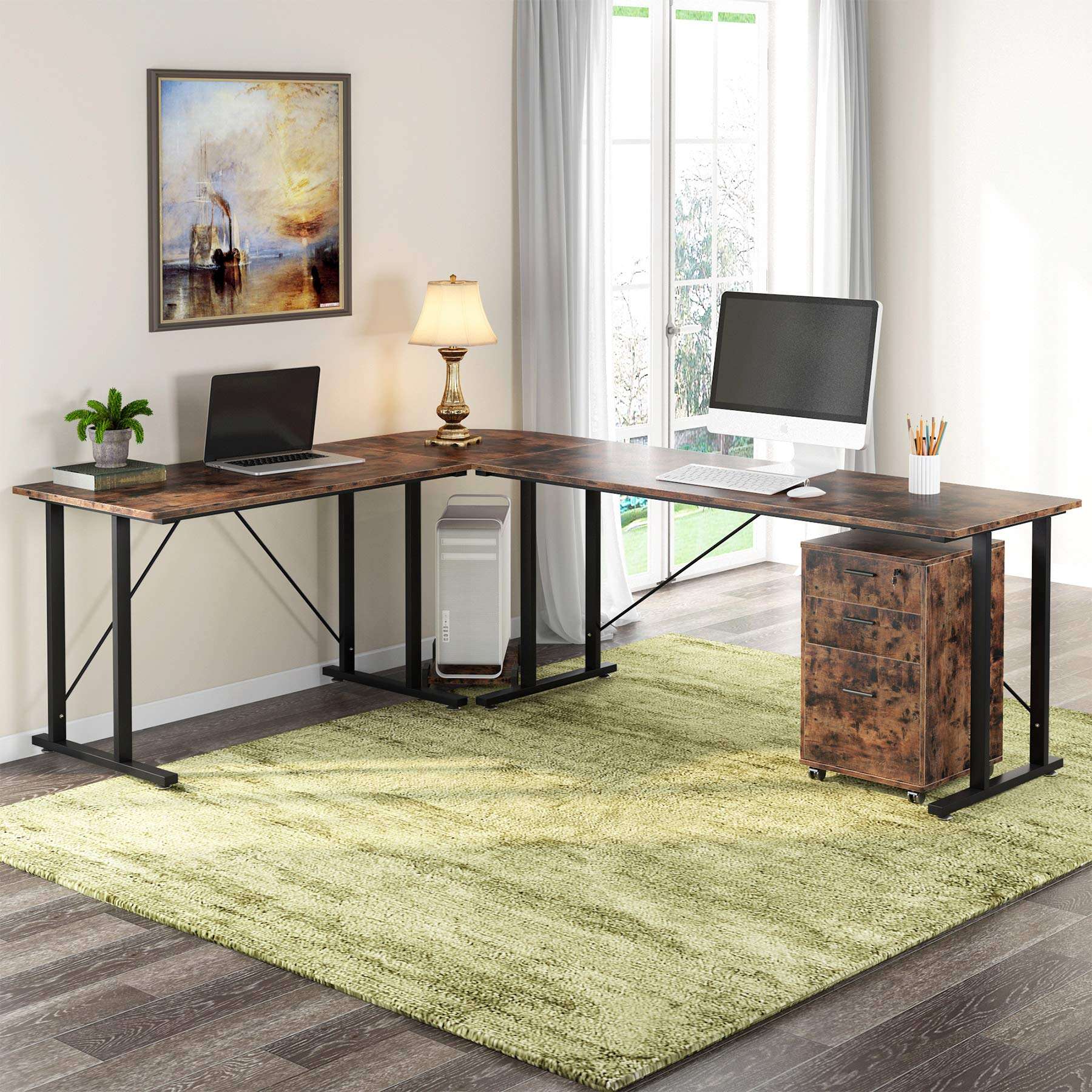 Tribesigns 83 Inch L-Shaped Executive Desk with File Cabinet, Large L Shape Computer Desk with Drawers, Business Furniture Work Desk for Home Office (Rustic Brown) 2