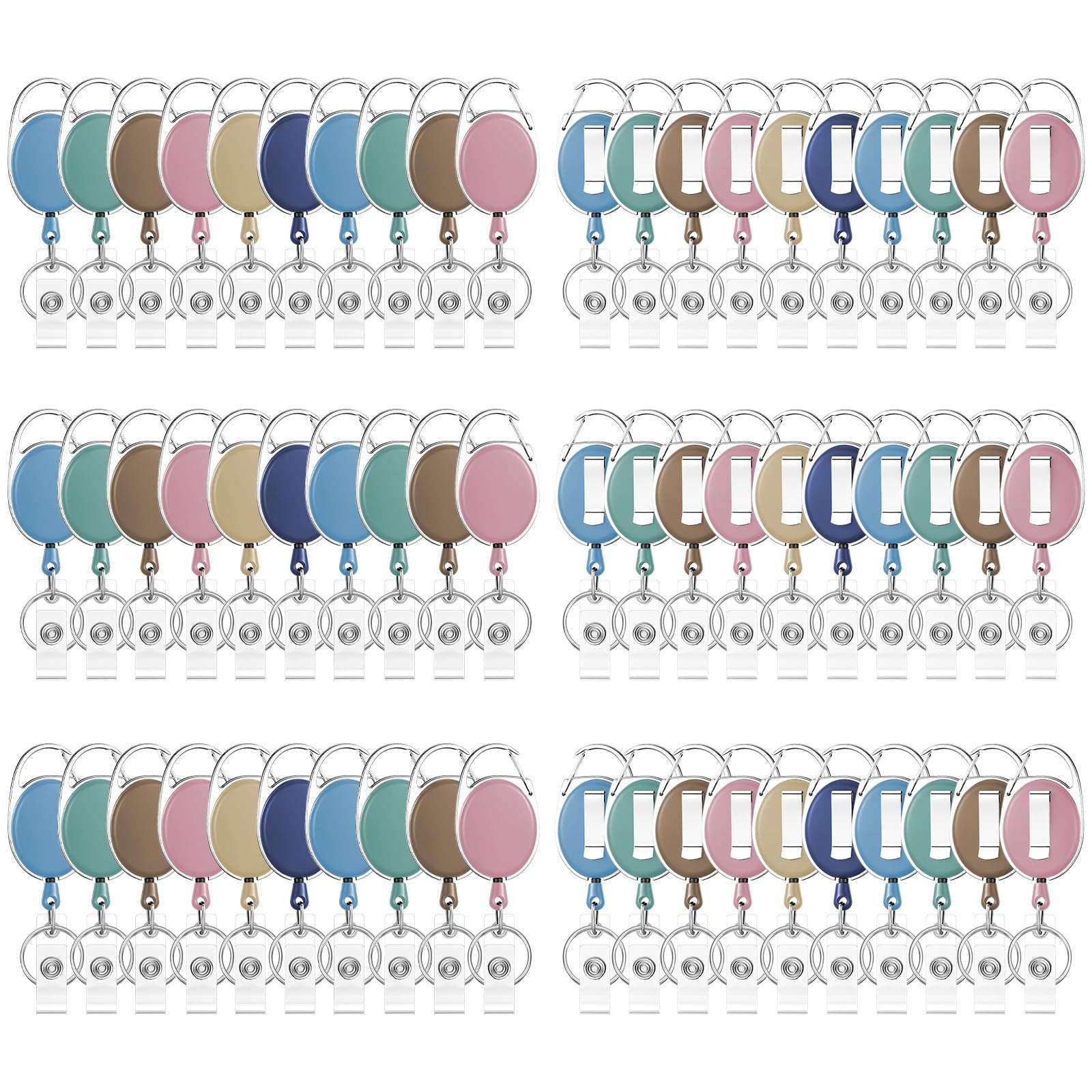 Bornerwhite 6 Color 60 Pcs Retractable Badge Holder with Carabiner Clips and Key Ring ID Badge Holder Retractable Clip Bulk for Office Worker Doctor Nurse Employee School Students Gifts