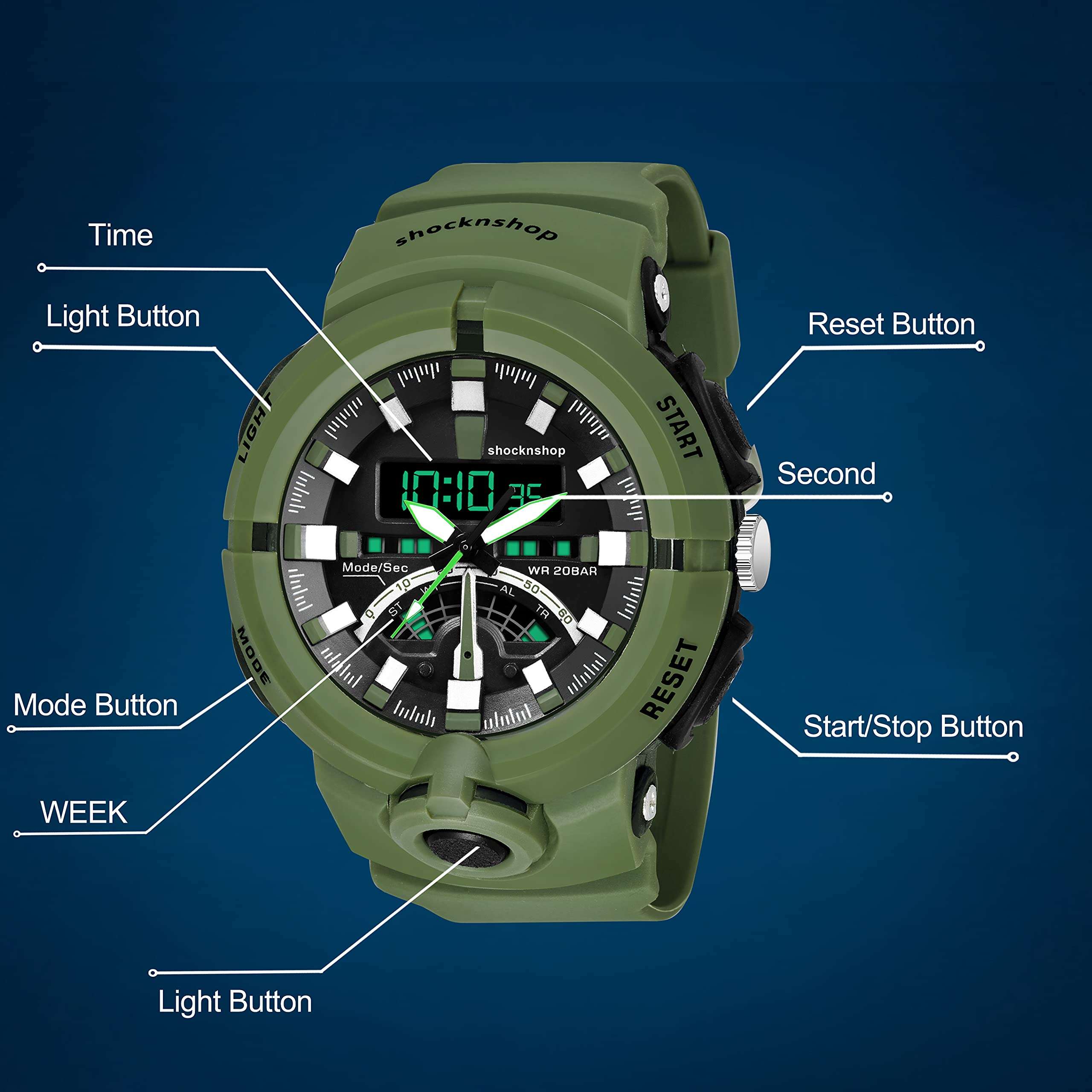 Shocknshop Analog Multifunctional Sports Digital Dial Watch for Men Boys (Black Dial and Green Strap) -W03GRN 5