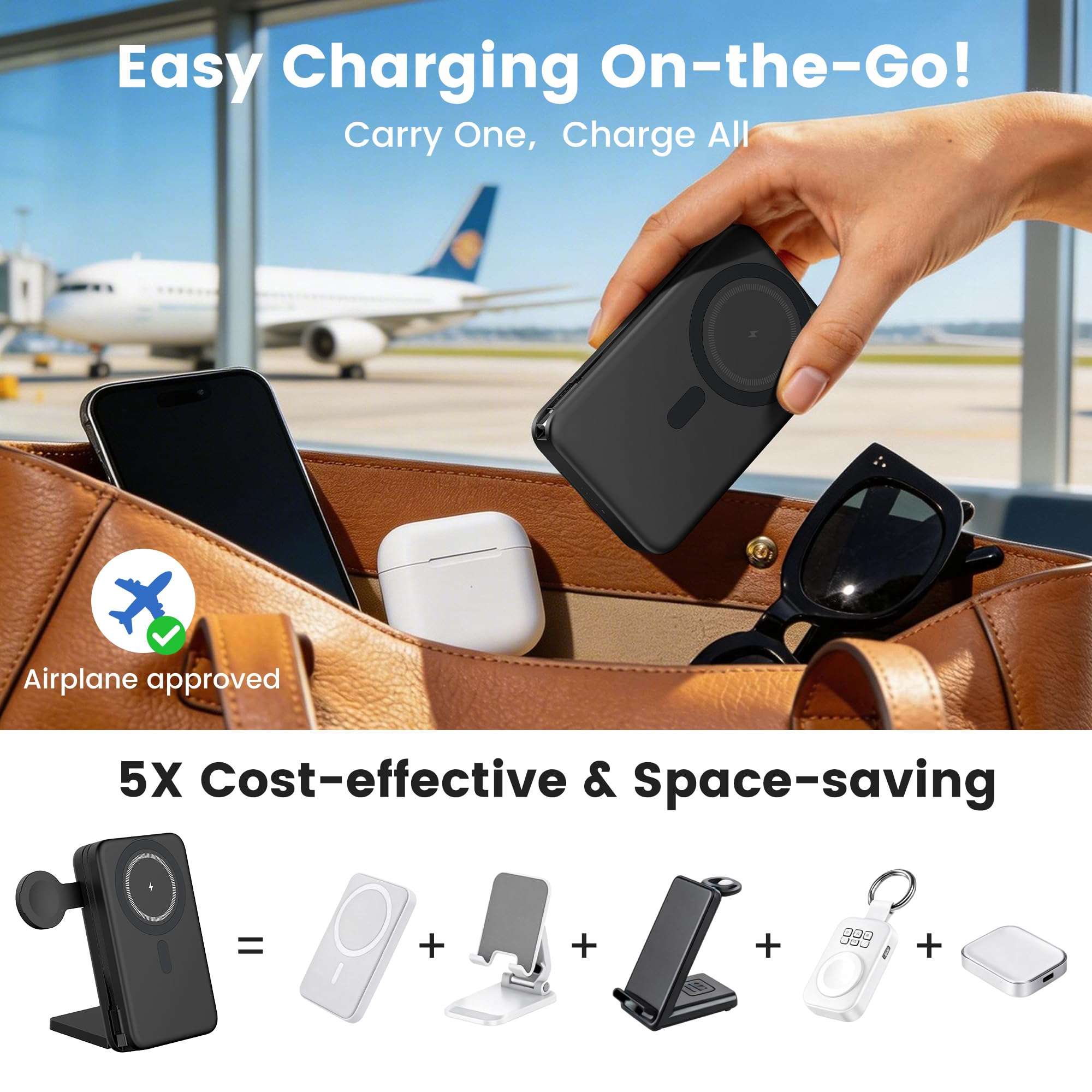 FELIZUPER 5-in-1 Portable Charger,10000mAh Foldable Power Bank Fast Charging Station Built-in USBC cable Travel,for MagSafe Battery Pack Magnetic for iPhone 17/16/15/14/13/12,Apple Watch,Airpods,Black 4
