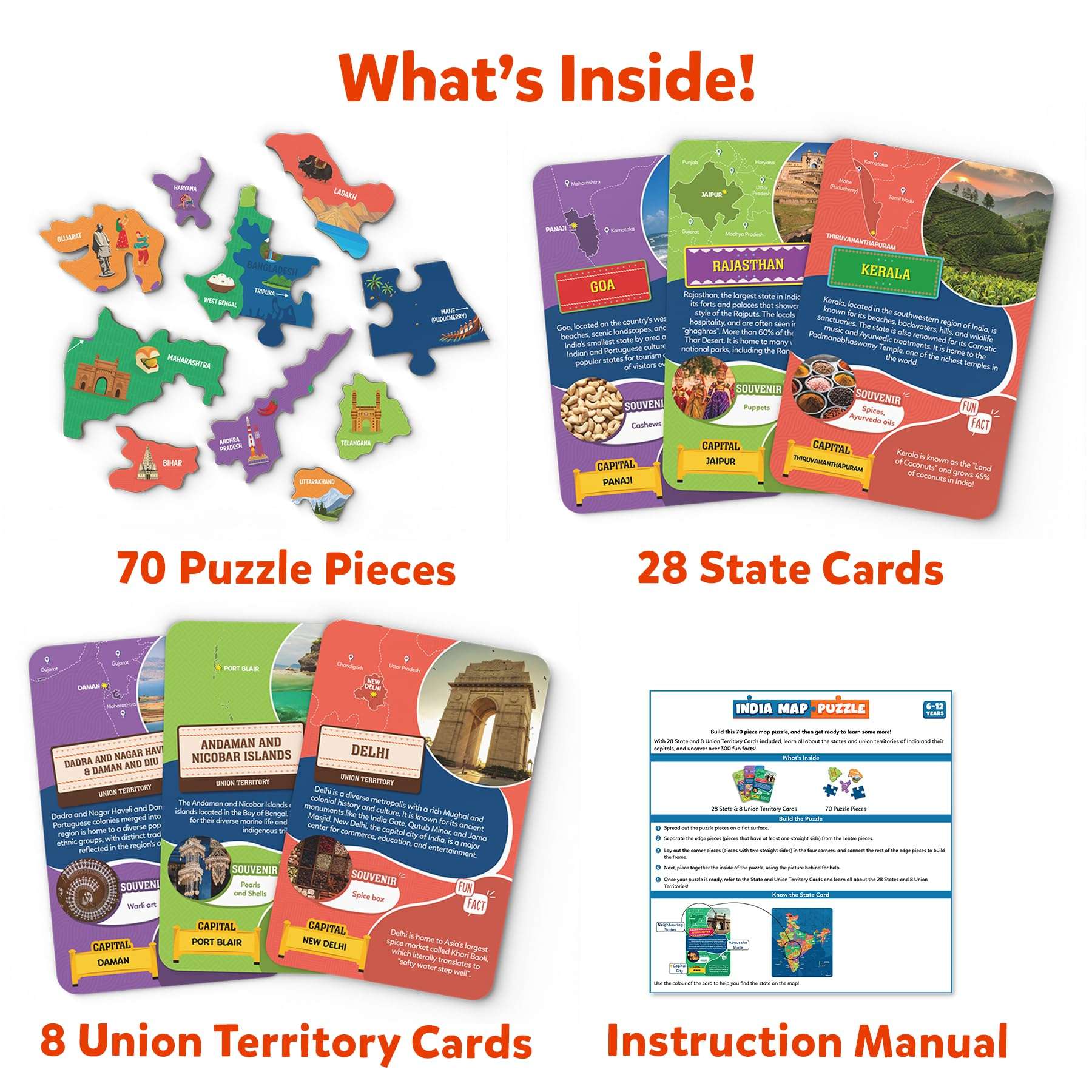 Skillmatics India Map Puzzle - 70 Pieces, Educational Toy for Learning 300+ Facts About India, Gifts for Ages 6 to 12 Kids 4