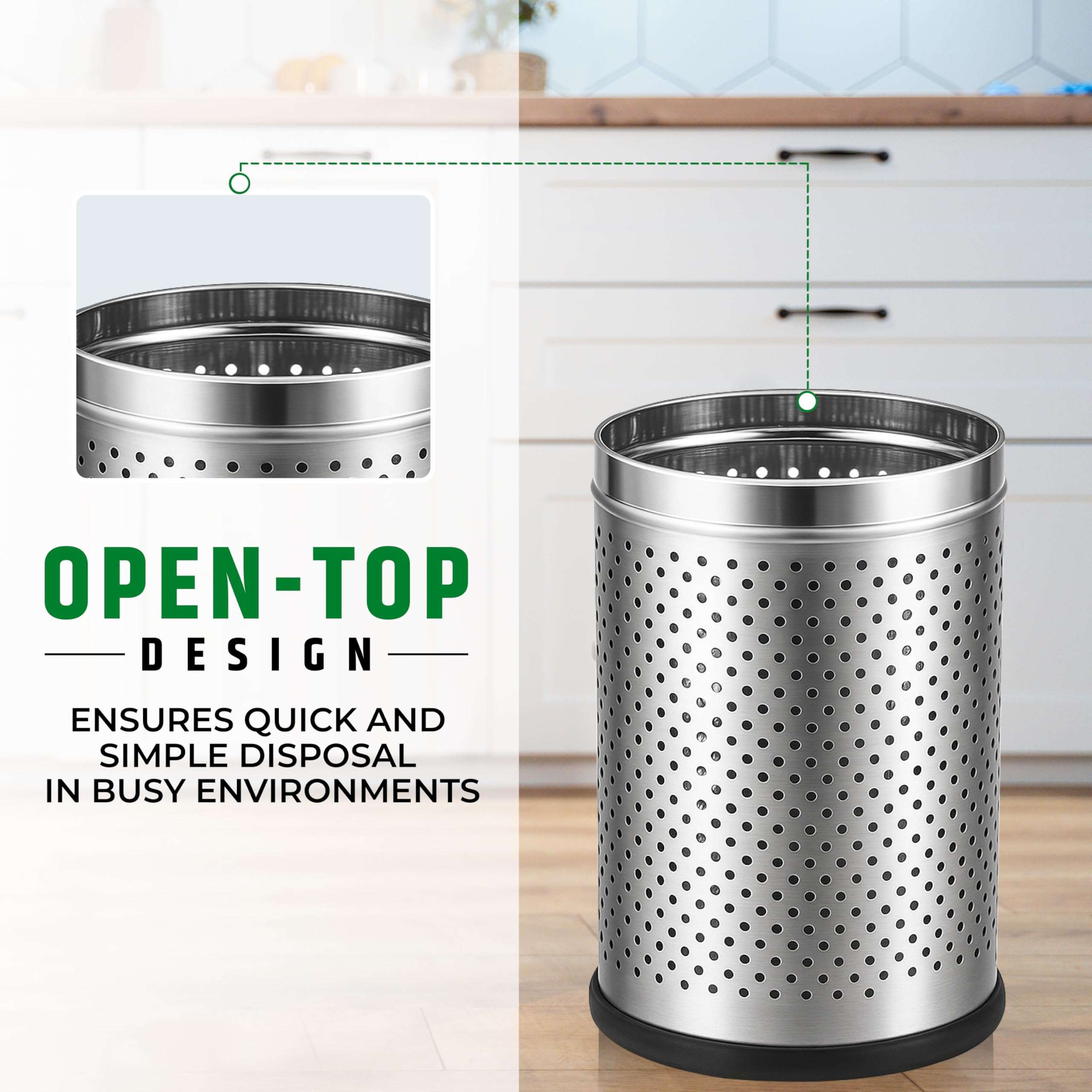 Robustt Stainless Steel Perforated Design Open Top Dustbin - 10L | 8 Inch (W) x 12Inch (H) Silver Trash Can with Anti-skid Base | For Bathroom, Bedroom, Kitchen & Toilet or Commericial Use - Pack of 1 4