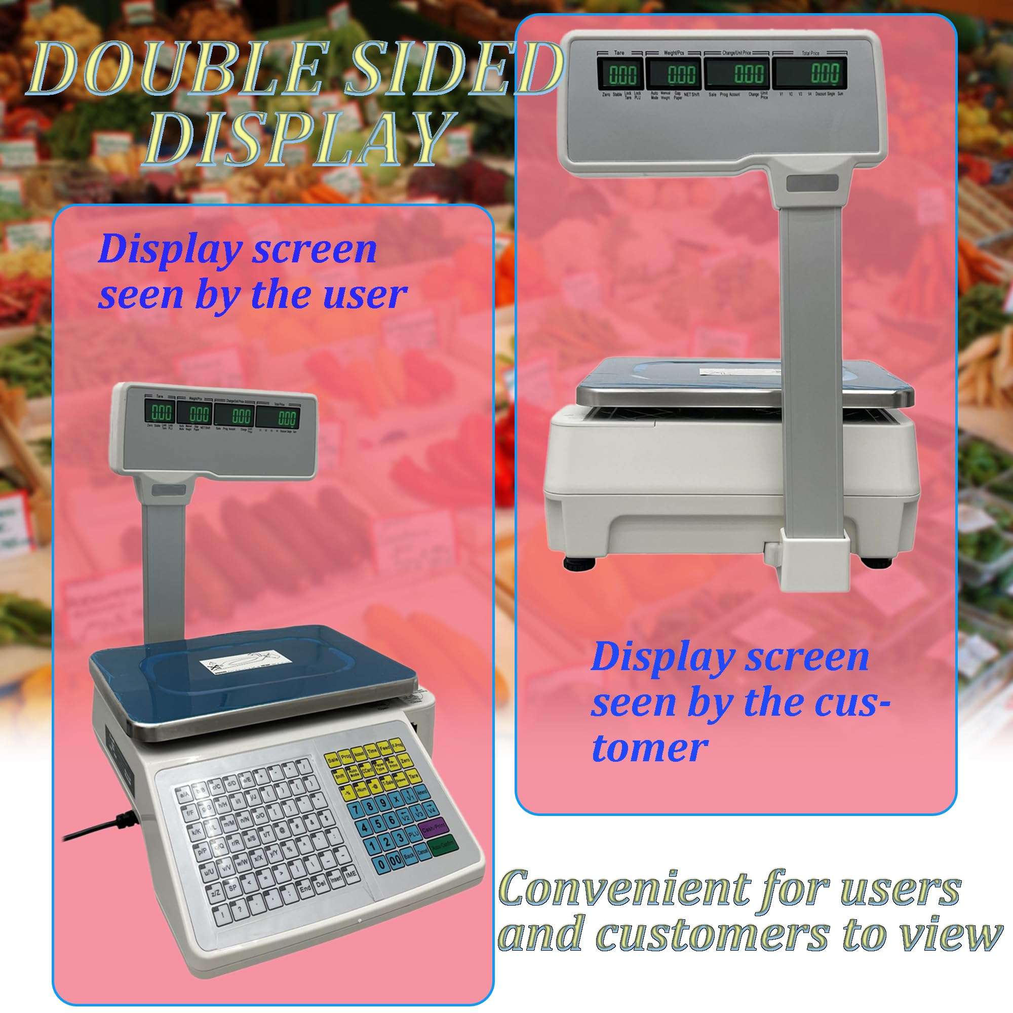 INTSUPERMAI Digital Price Computing Scale with Thermal Label Printer 30lbs Capacity Four-window with Pole Double-sided Supermarket Scale 5