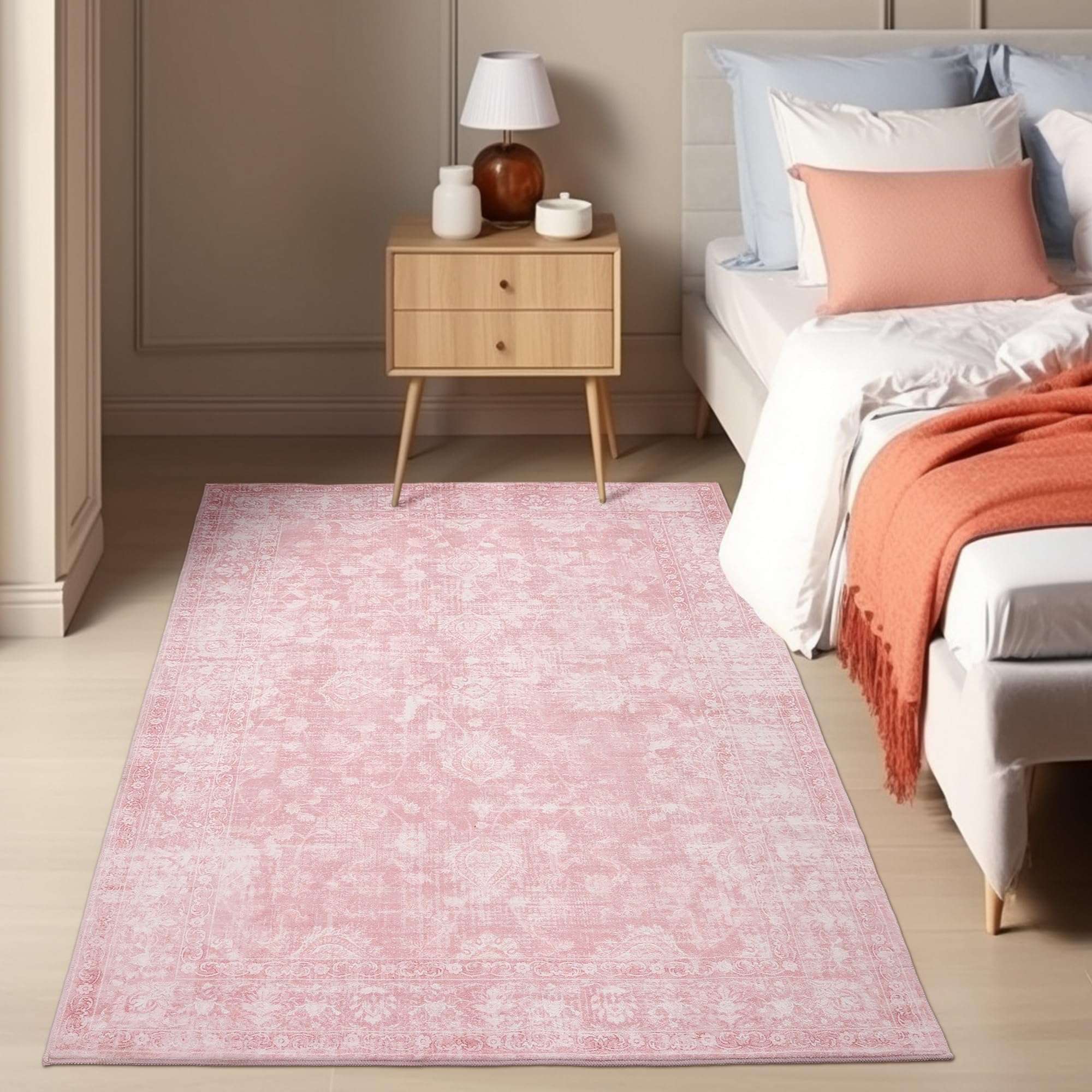FROZZUR Boho Pink Area Rug 3x5 Washable Vintage Rug for Bedroom Kitchen Dining Room, Non Slip Distressed Entryway Rugs for Home Office Decor Pink 6