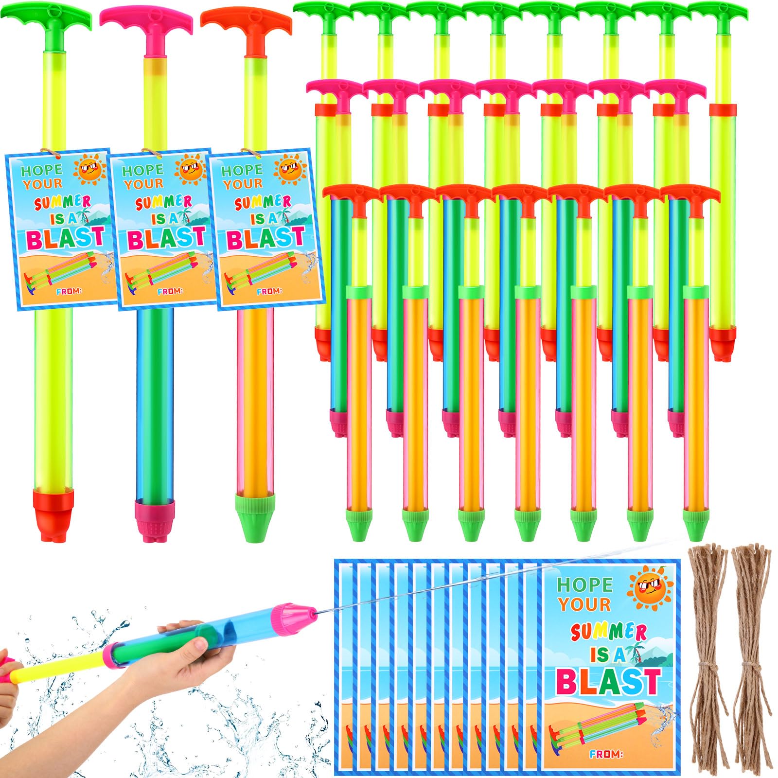 Tanlade 24 Sets End of The Year Water Guns Bulk Plastic Water Squirter with Cards Water Shooters with Handle Swimming Pool Squirt Summer Preschool Kindergarten Graduation Gift