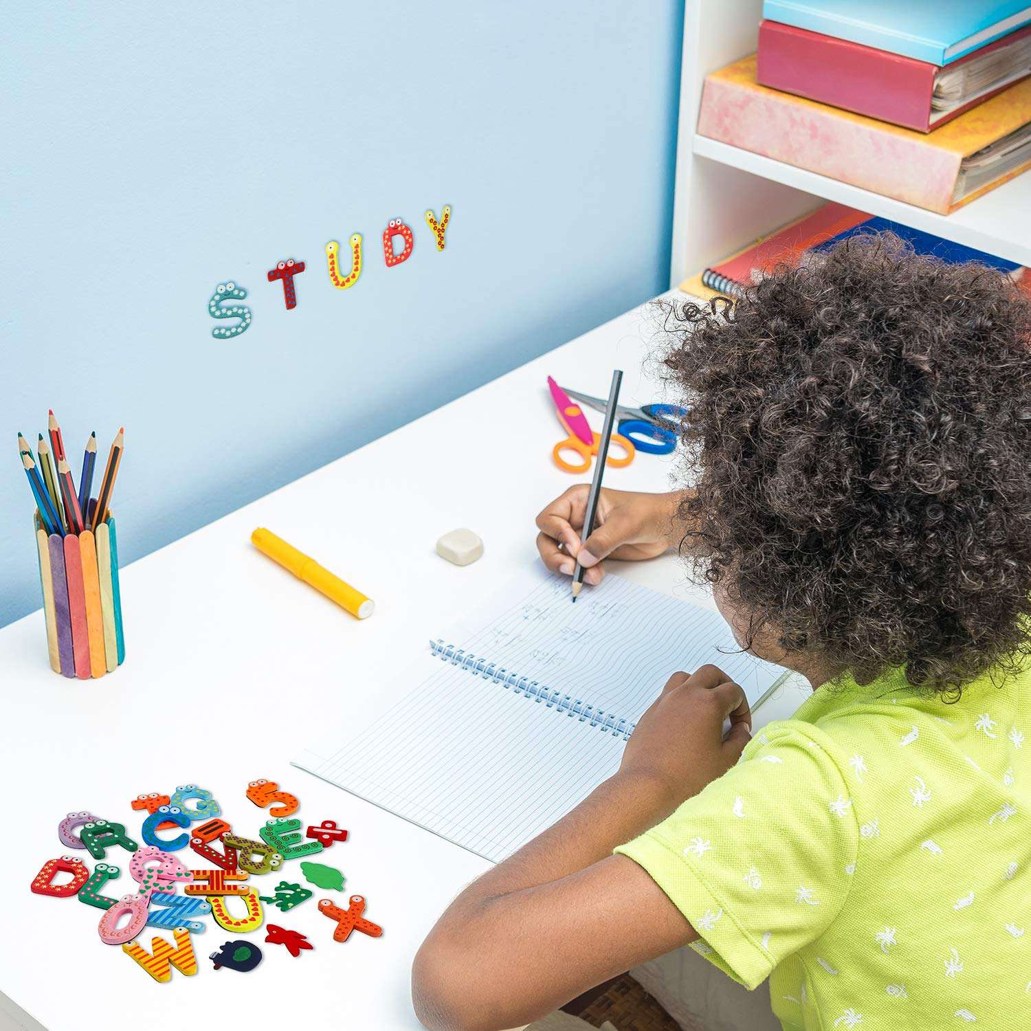 53 Pieces Magnetic Letters Fridge Wooden Alphabet Magnets Novelty Cartoon Animals Numbers Letters Refrigerator Magnets Wooden Fridge Magnet Letters Whiteboard Magnetic Stickers for Learning/Education 5