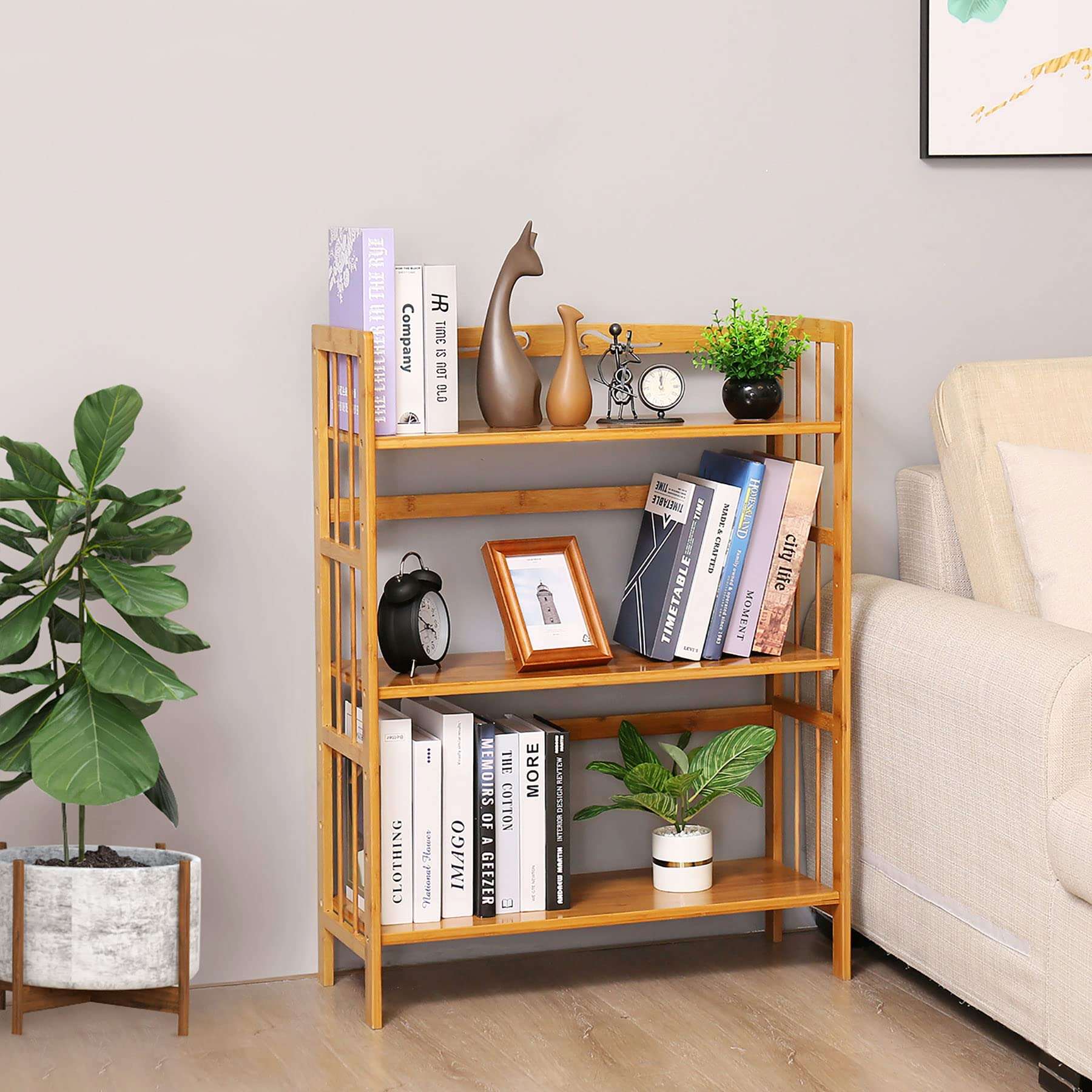 C&AHOME Bamboo Shelf, 3-Tier Bookcase, Free-Standing Storage, Plant Stand, Max Load 35LBS Per Shelf, Utility Rack for Living Room, Bathroom, Kitchen, Home, Natural 2