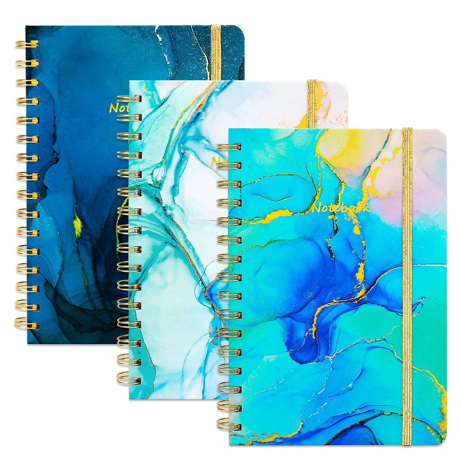 Auveach 3 Pack A5 Hardcover Spiral Notebook, 5.7"x 8.5" Journal for Women Spiral Bound, Spiral Journal Notebook with Back Pocket, 160 Pages, Ocean Marble Pattern, for Office and School Supplies 1