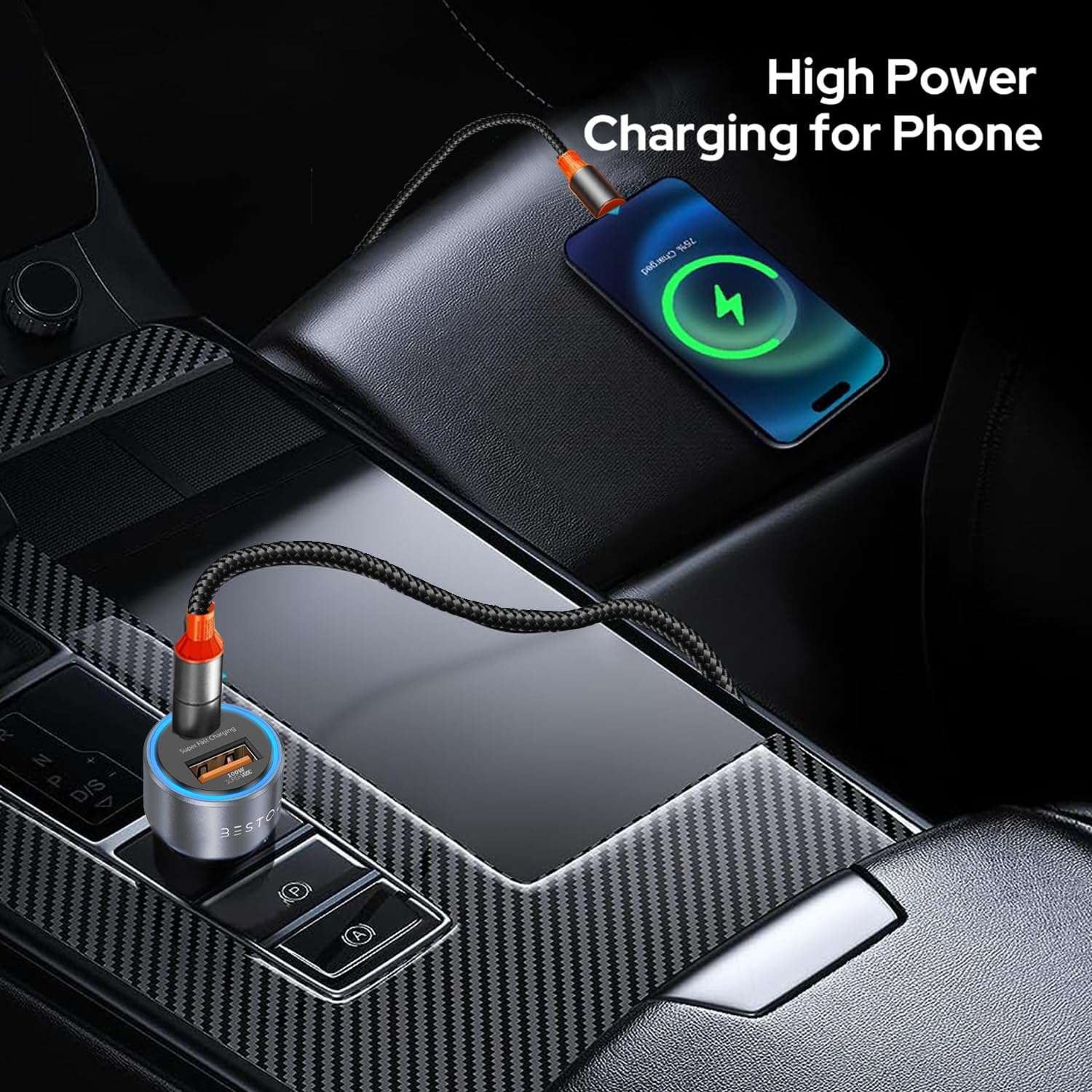 Bestor VoltDrive Pro 145W Car Charger with Dual Output, Type C (45W) PD/PPS, USB Port (100w), BIS Certified, Compatible Smartphones, Laptops Devices Come with 100W USB C Cable Nylon Braided Cord 5