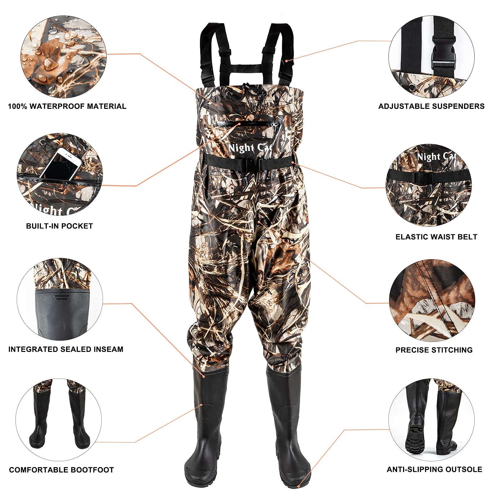 Night Cat Fishing Waders for Men Women Waterproof Hunting Chest Wader with Bootfoot Belt Breathable Lightweight Camouflage Size 7 3
