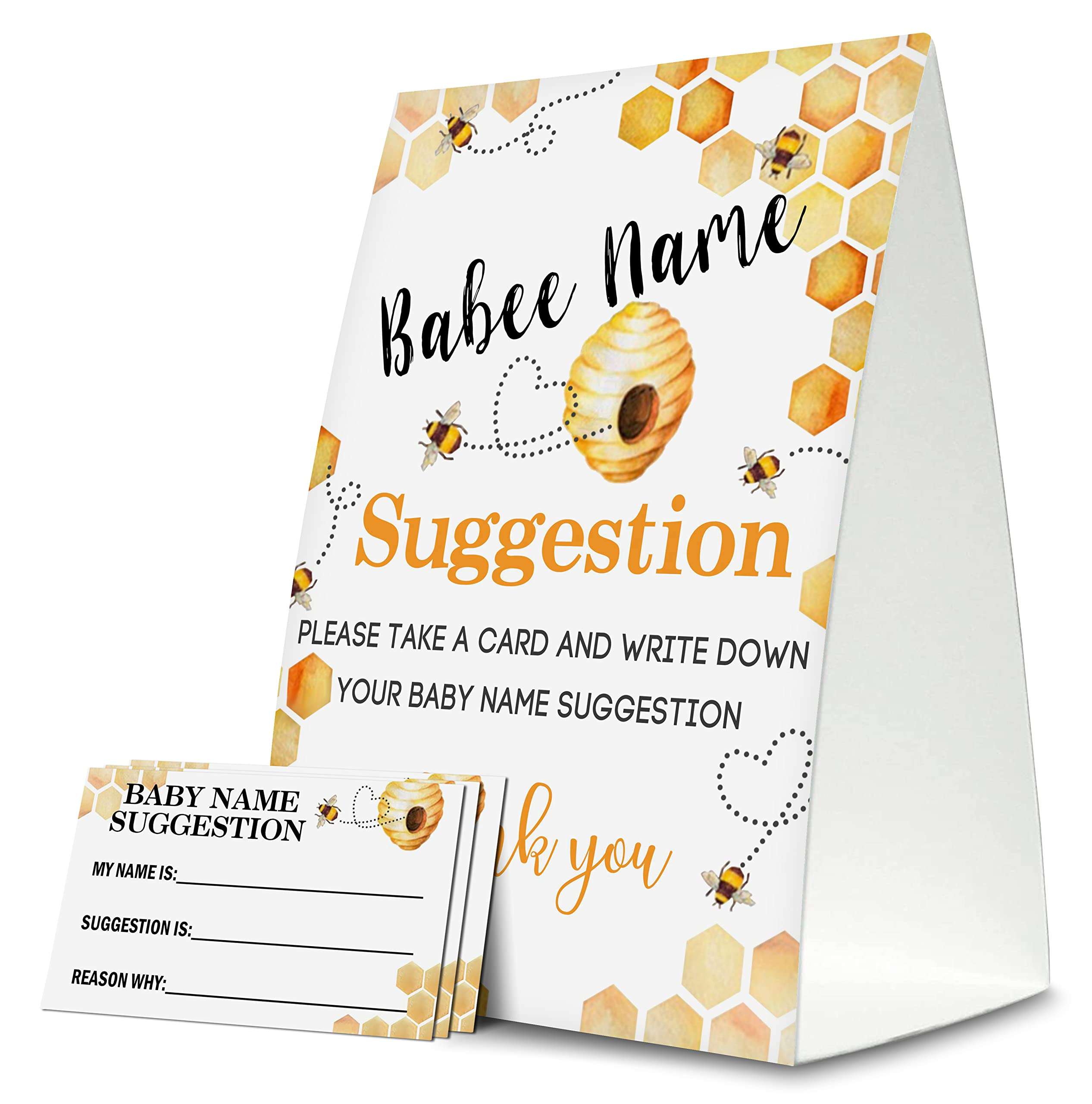 Baby Name Suggestion For Baby Shower Games, Honeycomb Bumble Bee Themed Name Suggestion Game Card, Party Favors Supplies Decorate For Baby Showers Game Cards, 1 Sign & 50 Cards Per Pack –(bbname-005) 1