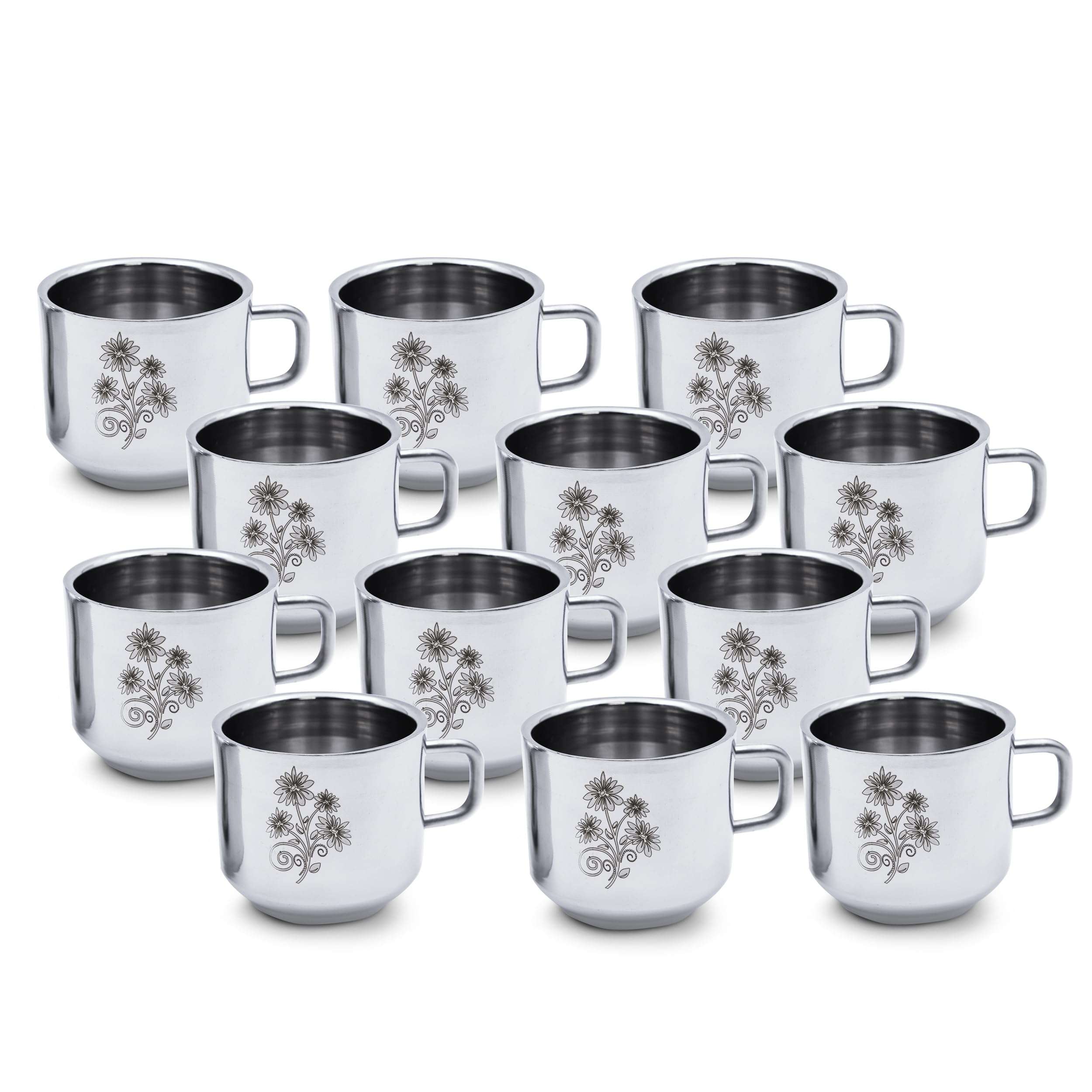 LiMETRO STEEL Pack of 12 Stainless Steel Double Wall Laser Printed Flower Design Tea, Coffee Cup, (Flower-1, Cup Set) 1