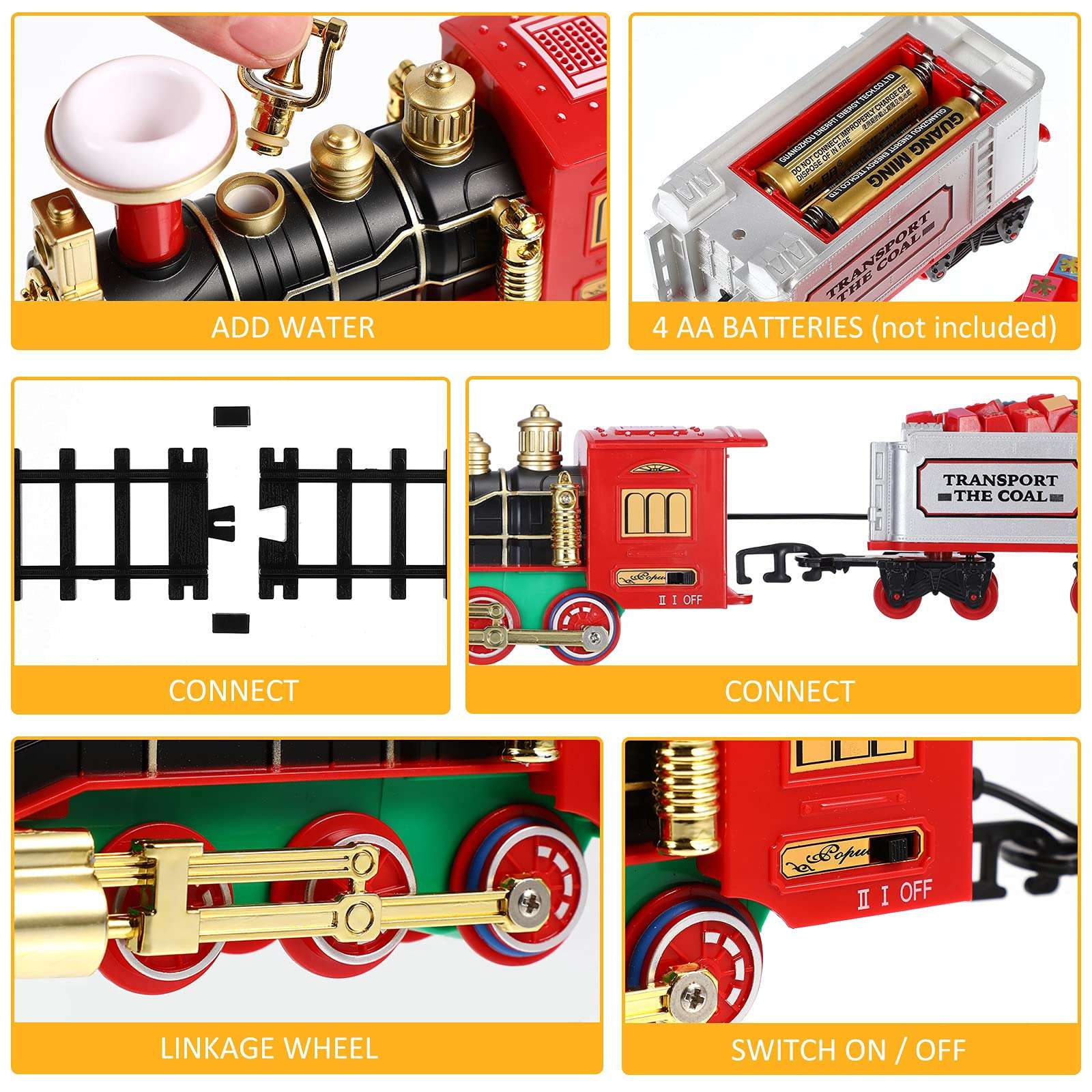 Toyvian Christmas Steam Railway Set with Railway Track & 4 Cars Lights and Sounds Railway, Battery Operated Locomotive Motor Playset, Electronic Toy, Gift for Kids 6