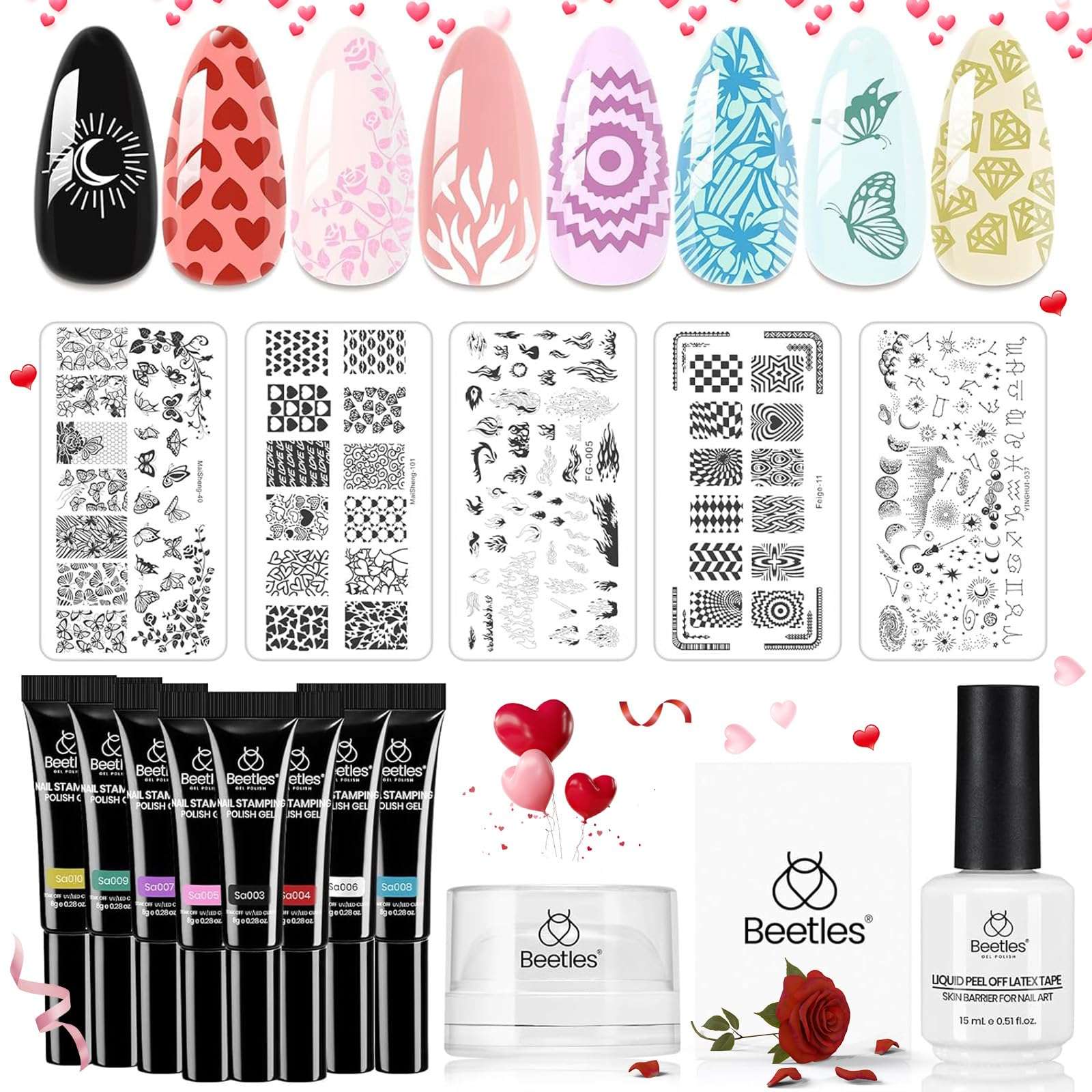 Beetles Nail Stamp Gel 16Pcs French Tip Nail Stamp Kit with 8 Colors Stamper Gel Polish, 5 Nail Stamping Templates, Scrapers, Liquid Latex & Short Silicone Stamper Valentine's Day Gift for Women