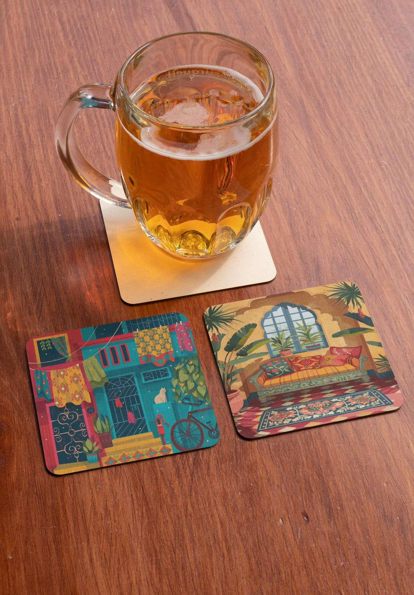 TAJNAN Indian Art Printed Coaster Set of 6 Beautiful Wooden Coasters with Plastic Coating Proper Coaster Stand Designer (taj-Coaster-auto-h) 6