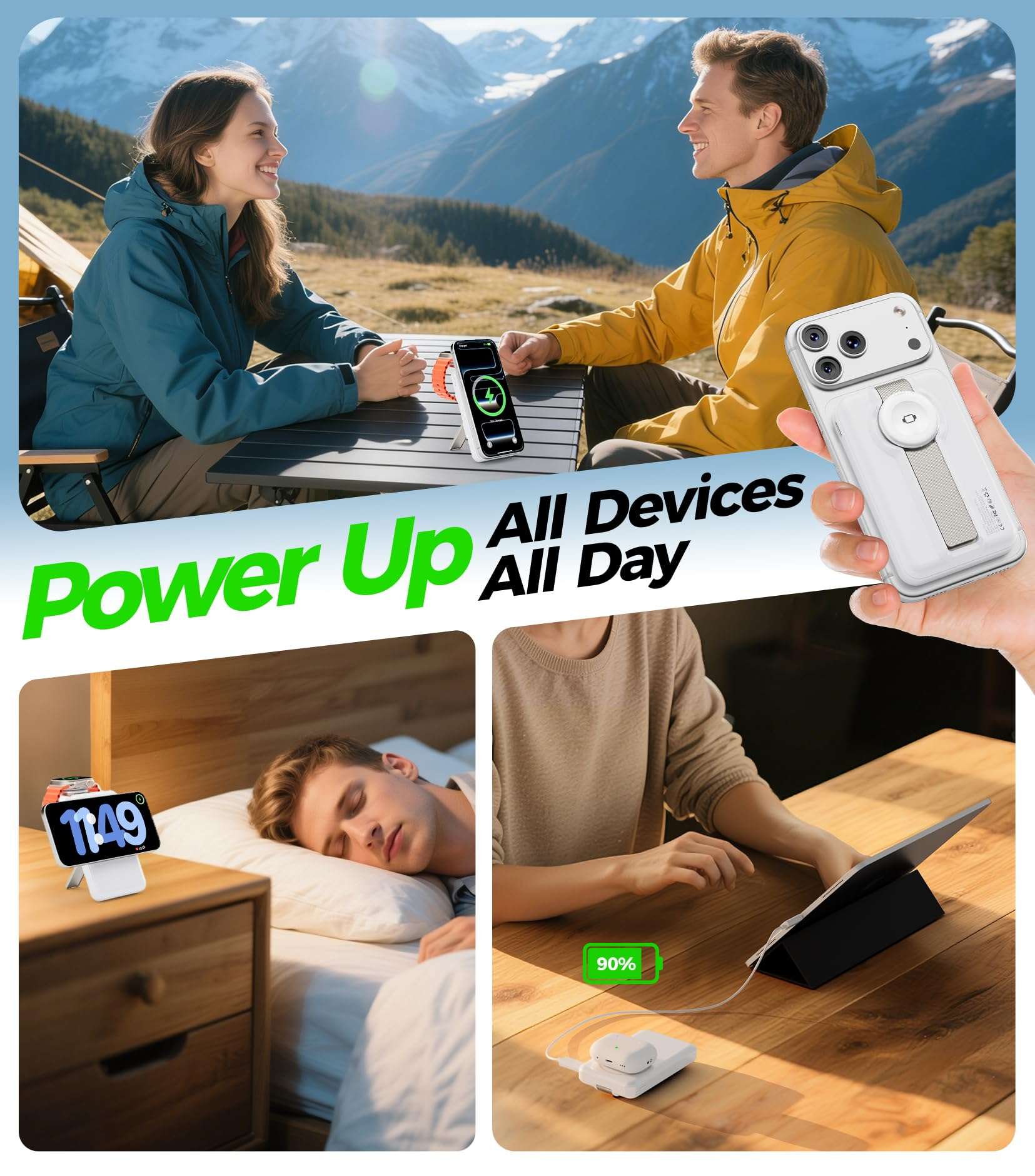 APTMAPT Magnetic Wireless Charger, 20W Fast Charging, MagSafe Charger with Stand, Travel Charging Station for iPhone 17/16/15/14/13/12, iWatch, Air pods, White 4