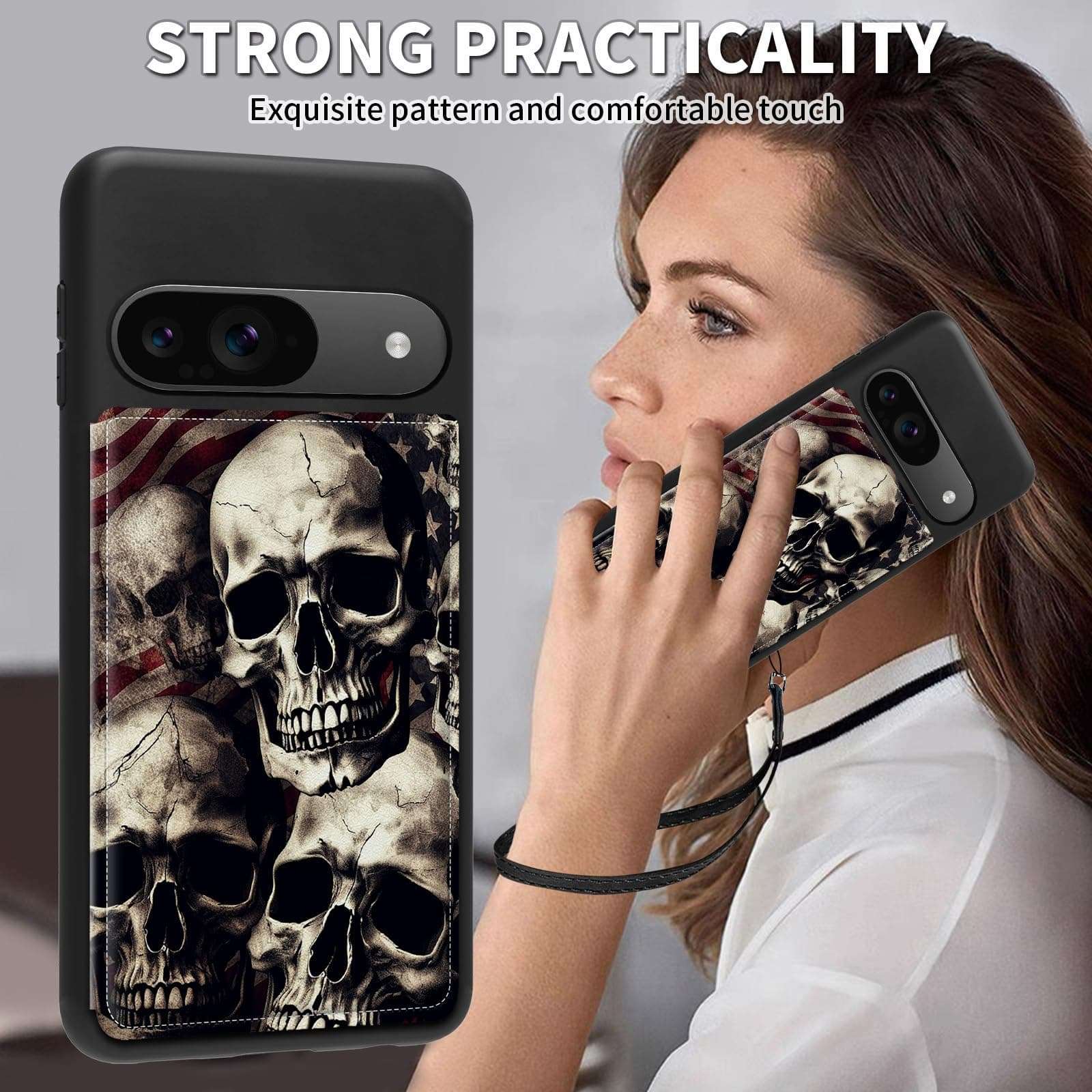 ACWDMKH for Google Pixel 9 Case Wallet with Card Holder&Wrist Strap,for Pixel 9 Case for Women Flip Leather Kickstand Card Slots Case,Double Magnetic Clasp Case Cover for Pixel 9,Skulls America Flag 3