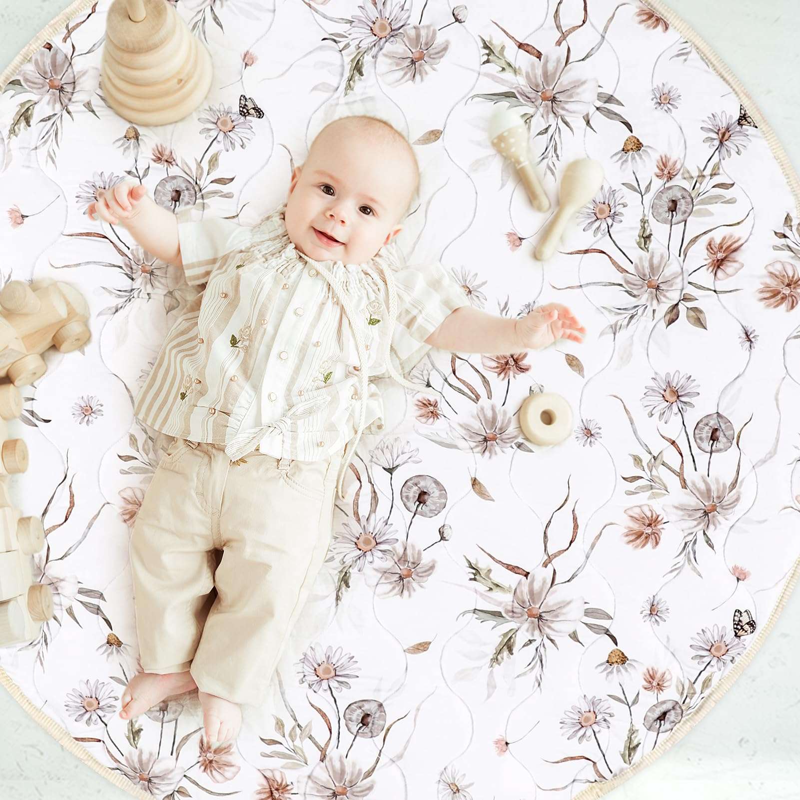 CARUILI Round Baby Play Mat for Floor, Soft Nursery Rug Girl, Anti Slip Kids Activity Tent Tummy Time Crawling Playmat Padded, White Floral (40" X 40") 4