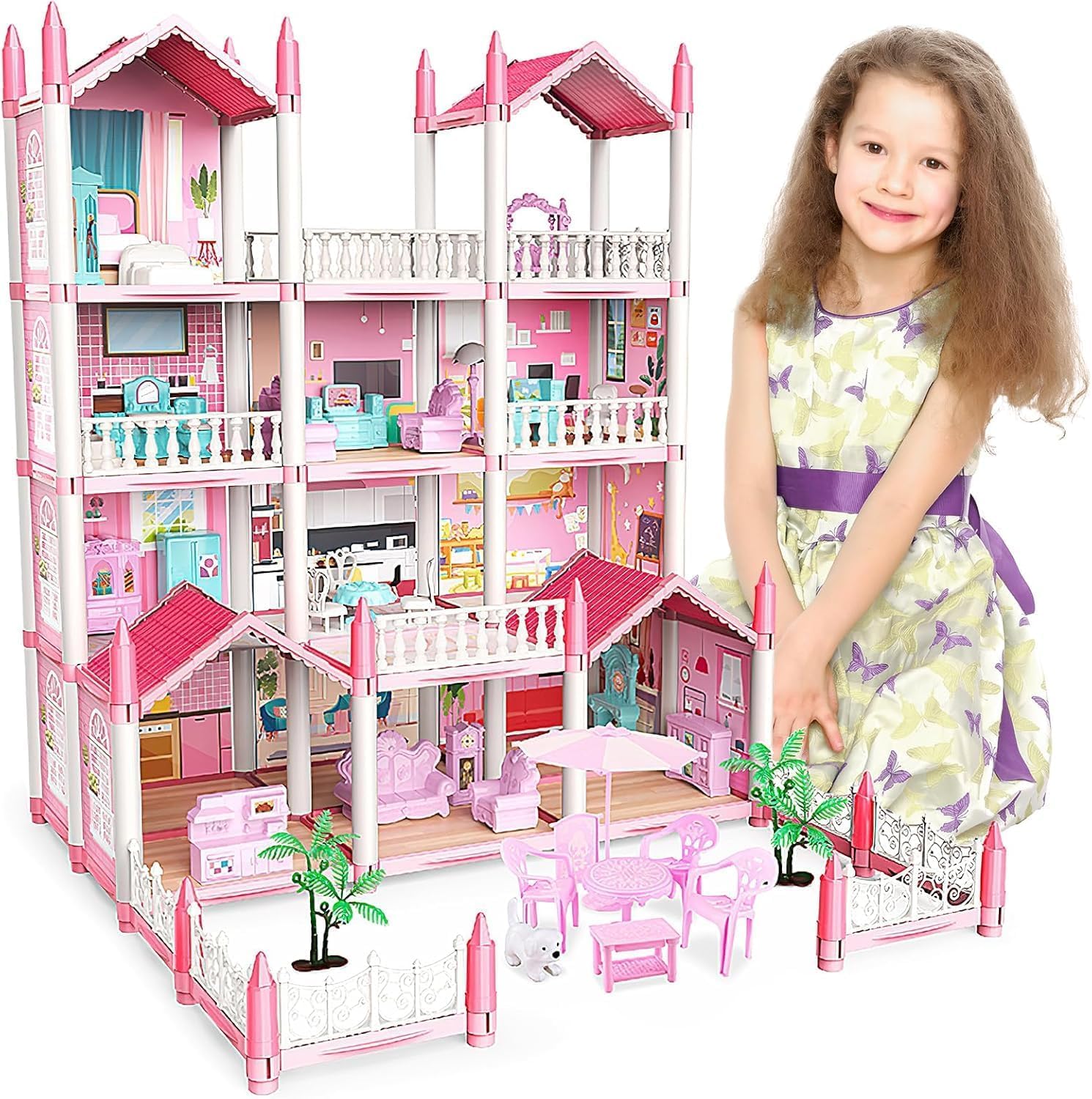 Junona Doll House,Dream House for Girls Pretend-Play DIY Dollhouse Kit,3-Story 9 Rooms Playhouse with 3 Dolls Toy Figures, Furniture and Accessories Set Gift Toy for Kids Ages 3 4 5 6 7 8+