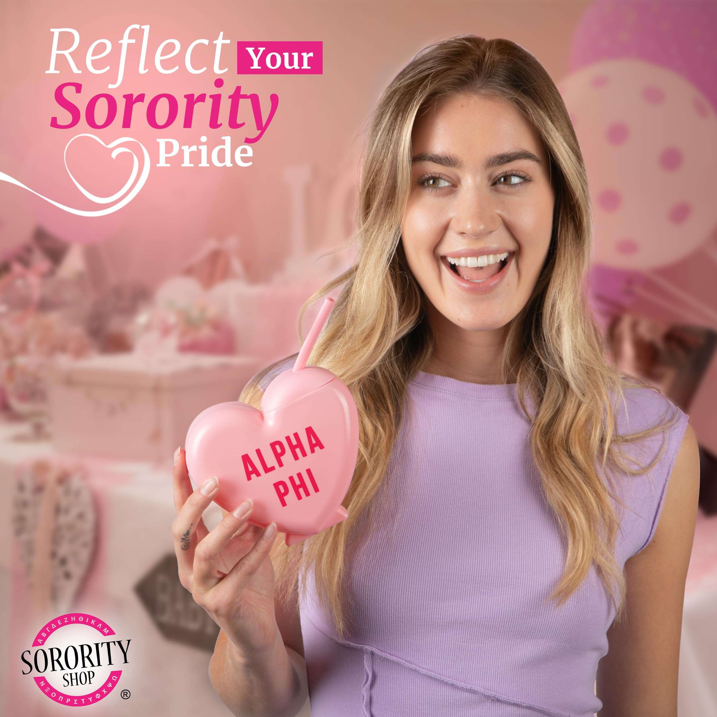 Sorority Shop Phi Mu Tumbler with Straw - Candy Heart Shaped 16 Oz Tumbler with Lid and Silicone Straw, Reusable Plastic Cup with Screen Printed Sorority Name for any Cold Drink 2