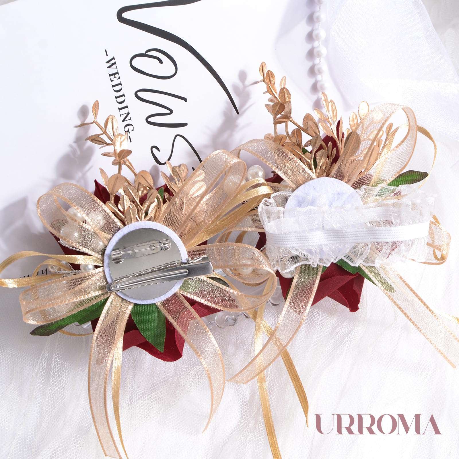 URROMA Wrist Corsage Boutonniere Set, 2Pcs Red Rose and Yellow Ribbon Artificial Corsage Flower Bracelet Prom Party Homecoming Wristband Flowers 5