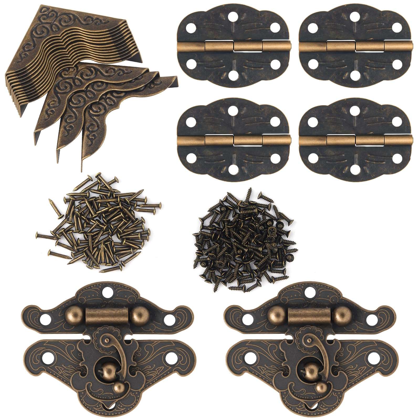 122PCS Vintage Bronze Hinge for Furniture Decoration, Antique Engraved Latch Hasp Hinges for Jewelry Box Decoration, Box Corner Protectors Hardware Kit/Wooden Box Jewelry Right Hook Hinges