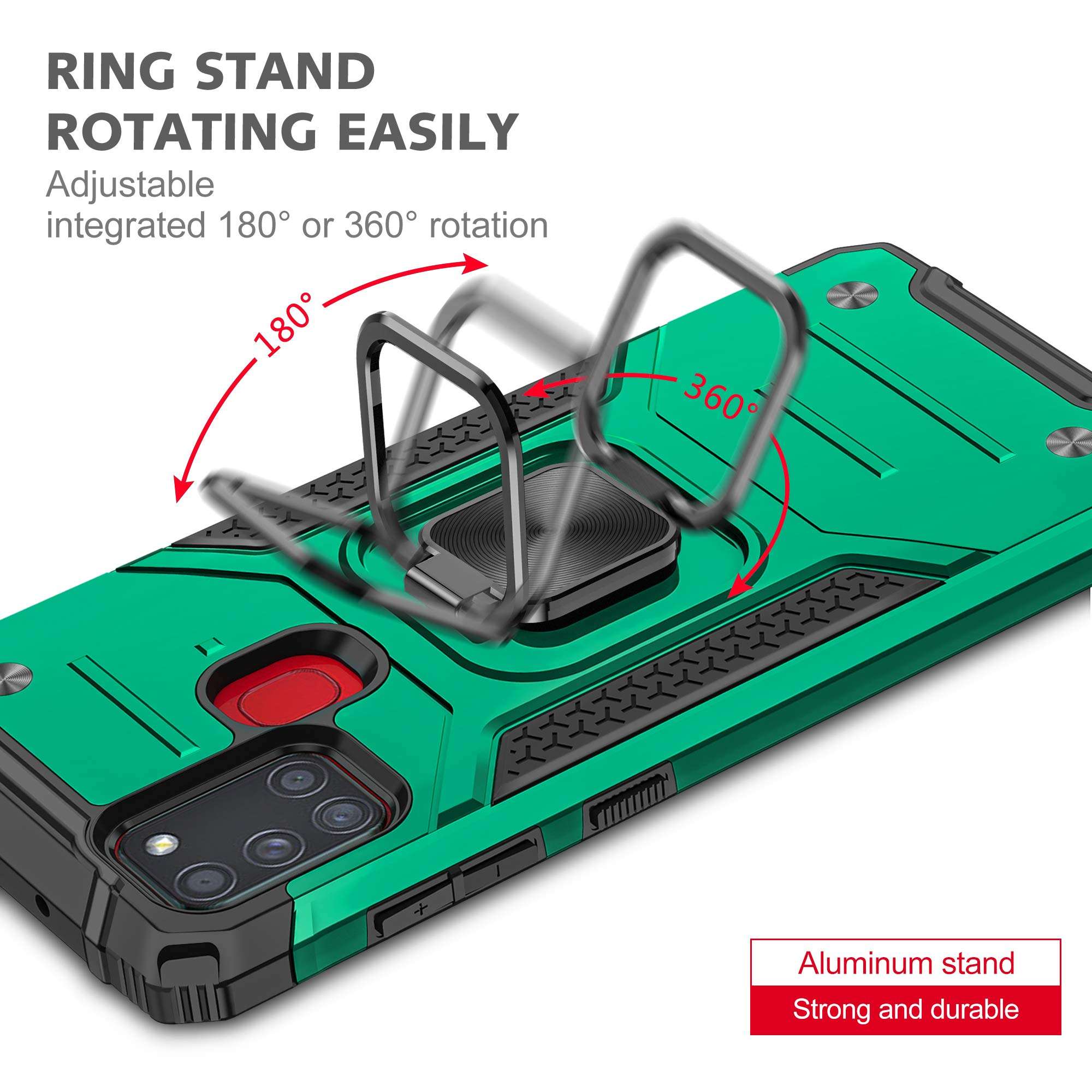 YmhxcY Galaxy A21S Case, Samsung A21S Case with Tempered Glass Screen Protector [2 Pack], Armor Grade Case with Rotating Holder Kickstand Non-Slip Hybrid Rugged Case for Galaxy A21S-KJ Dark Green 4