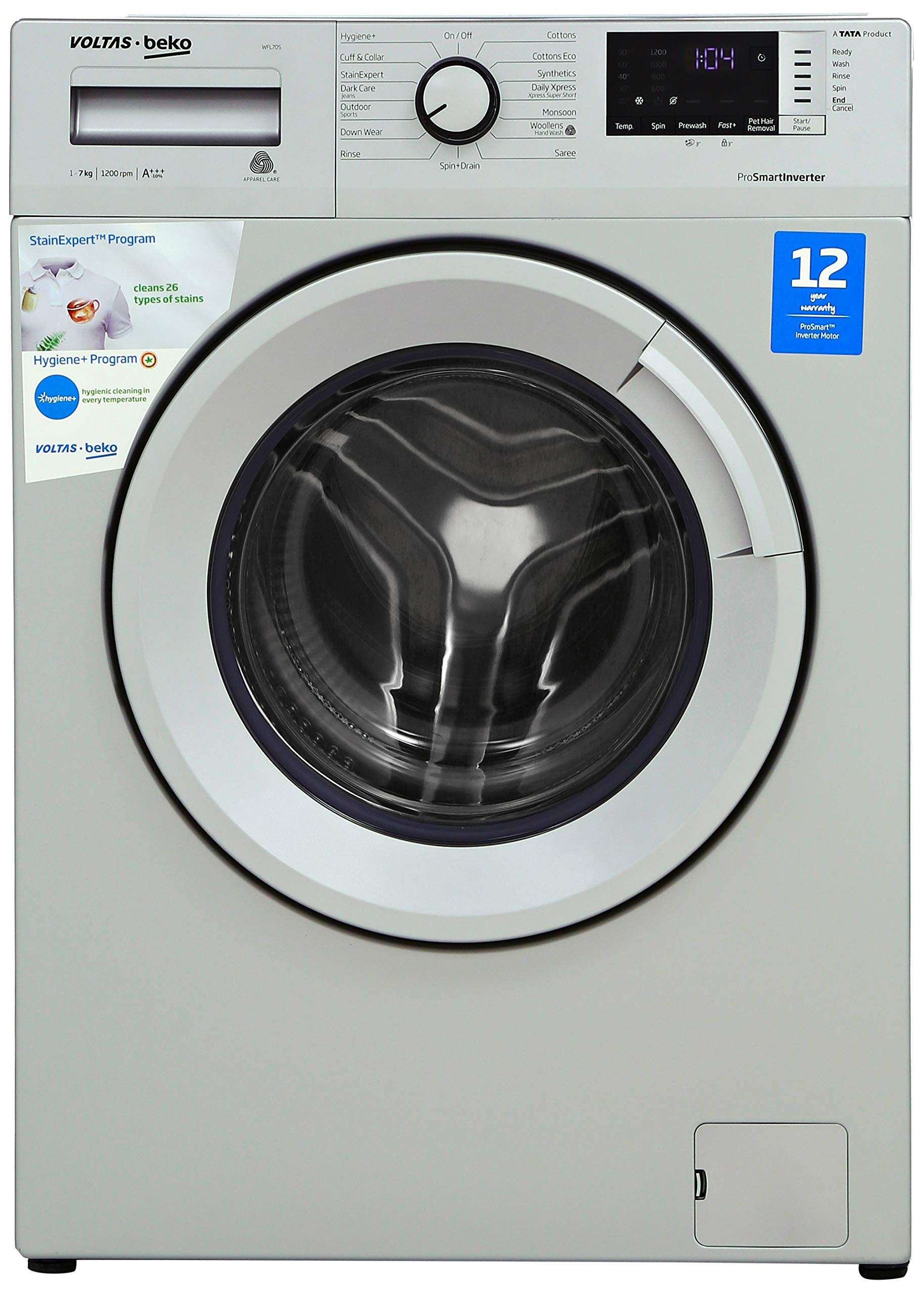 Voltas Beko 7 Kg Inverter Fully-Automatic Front Loading Washing Machine, Inbuilt Heater, 26 Stain Remover (WFL70S, Silver) 1