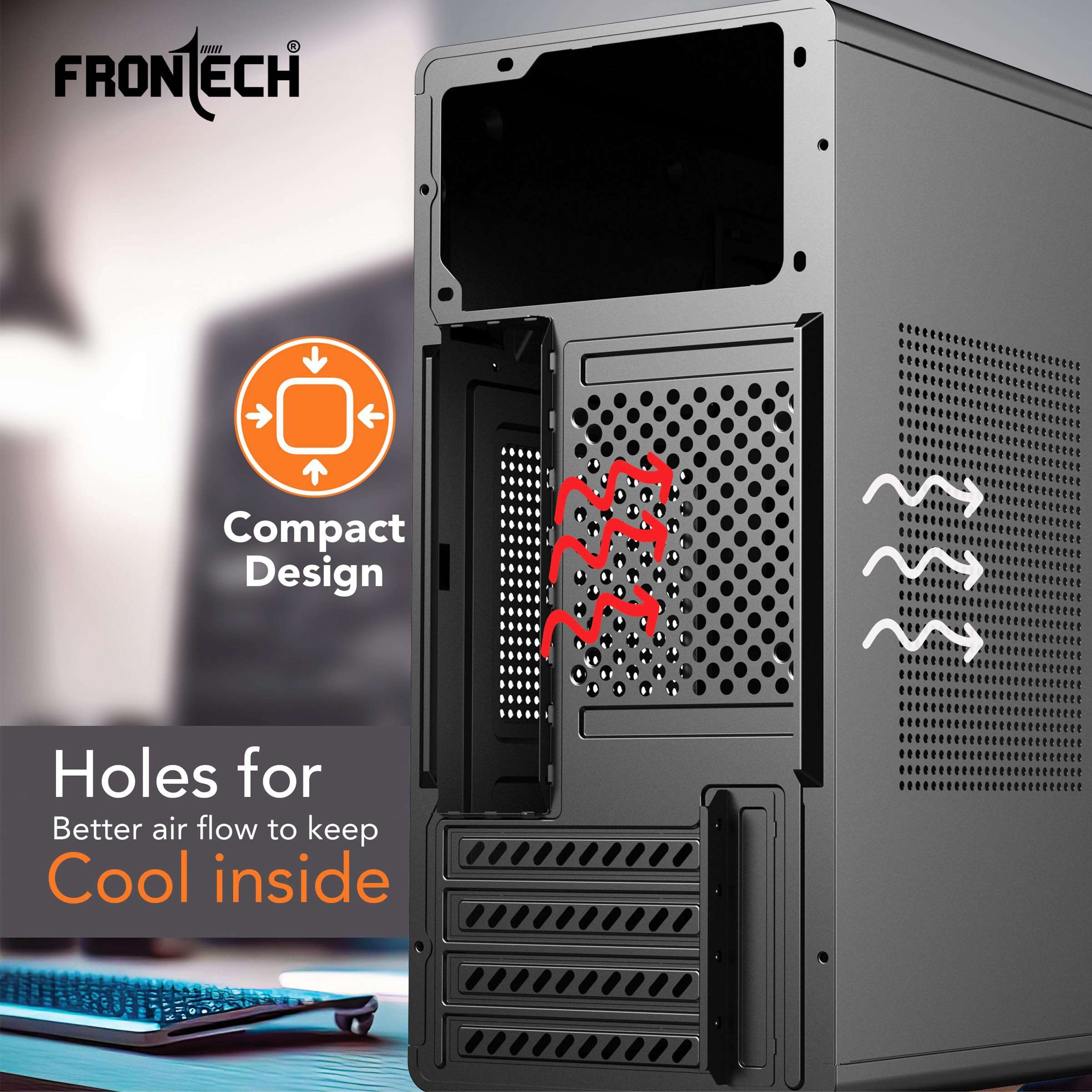 FRONTECH Techno Computer Case, Compact Silver Range PC Cabinet with USB & Audio Ports, SMPS Slot, Lightweight Design for Home & Office (FT-4375_ Black) 6