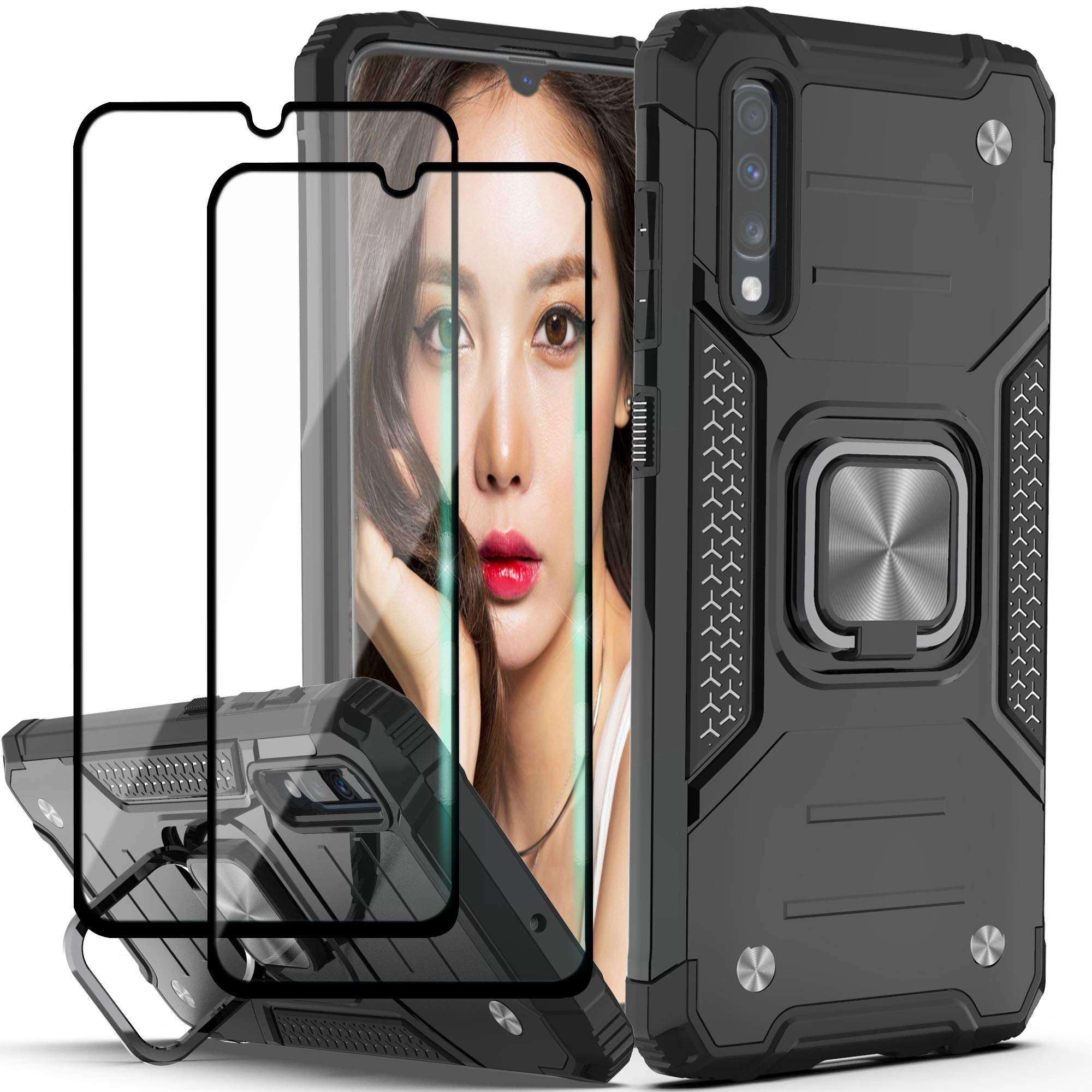 YmhxcY Galaxy A70 Case Samsung A70S Case with Tempered Glass Screen Protector[2 Pack], Armor Grade with Rotating Holder Kickstand Non-Slip Hybrid Phone Case for Samsung Galaxy A70-Black 1