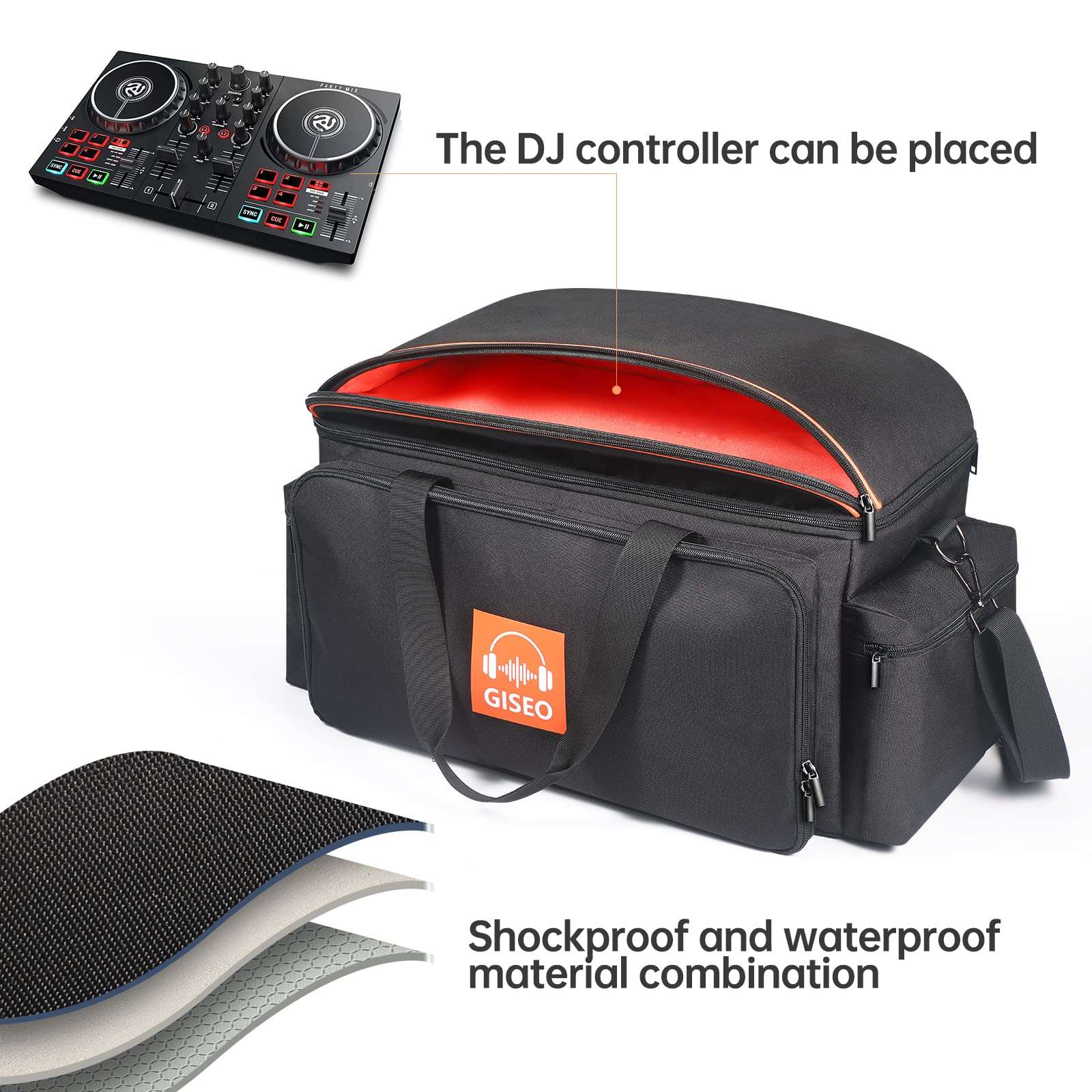GISEO DJ Gig Bag, Large DJ Cable File Bag DJ Gear Storage Organizer with Detachable Padded Bottom and Dividers,Travel Gig Bag for Cords Sound Equipment DJ Gear Musician Accessories (Orange) 6