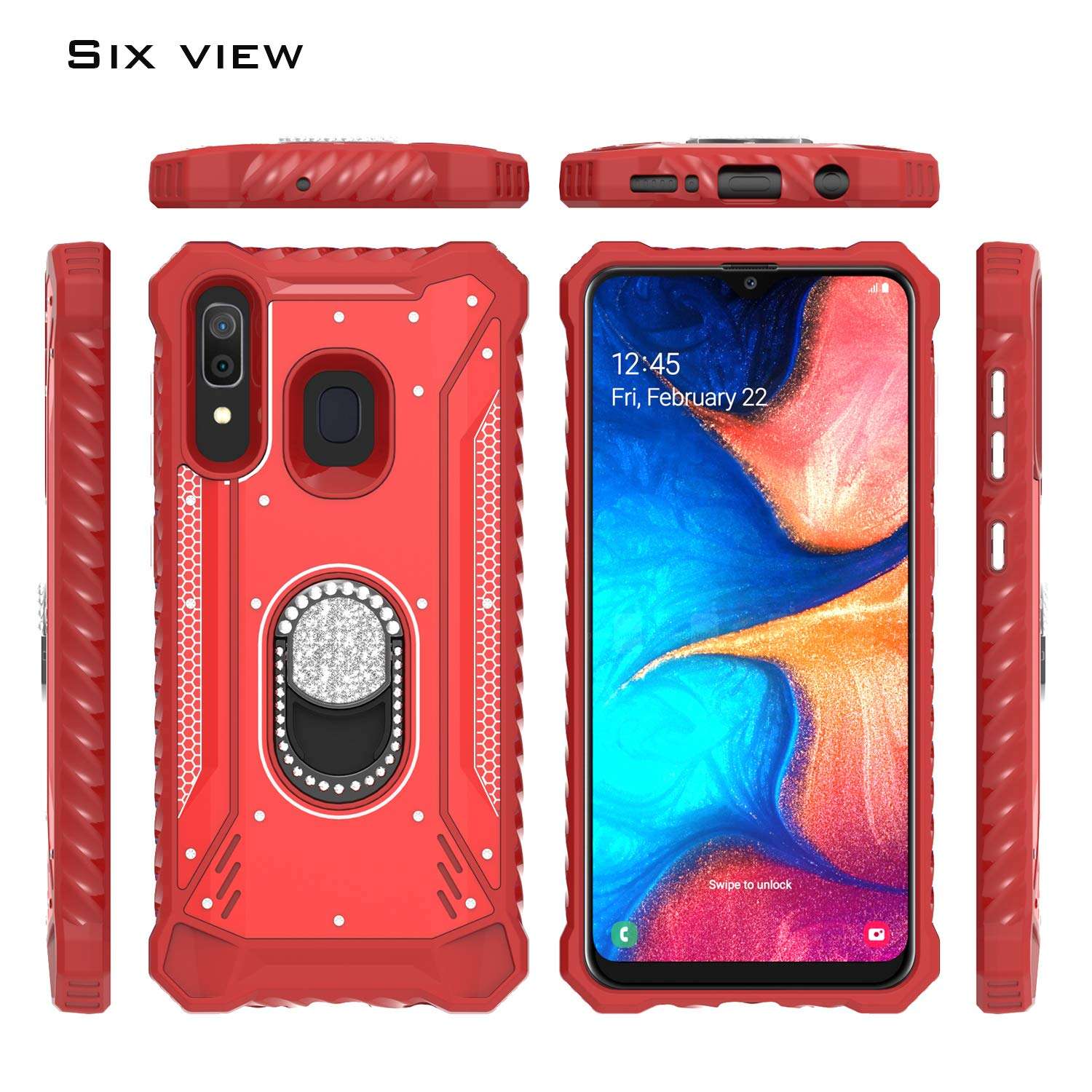 EnCASEs 2 in 1 Cell Phone Case with Bling CZ Rhinestone Kickstand for Samsung Galaxy A20 / A30 / A50, Aluminum Evolve Metal Jacket Hybrid Case, Shockproof Bumper Case, Red 2