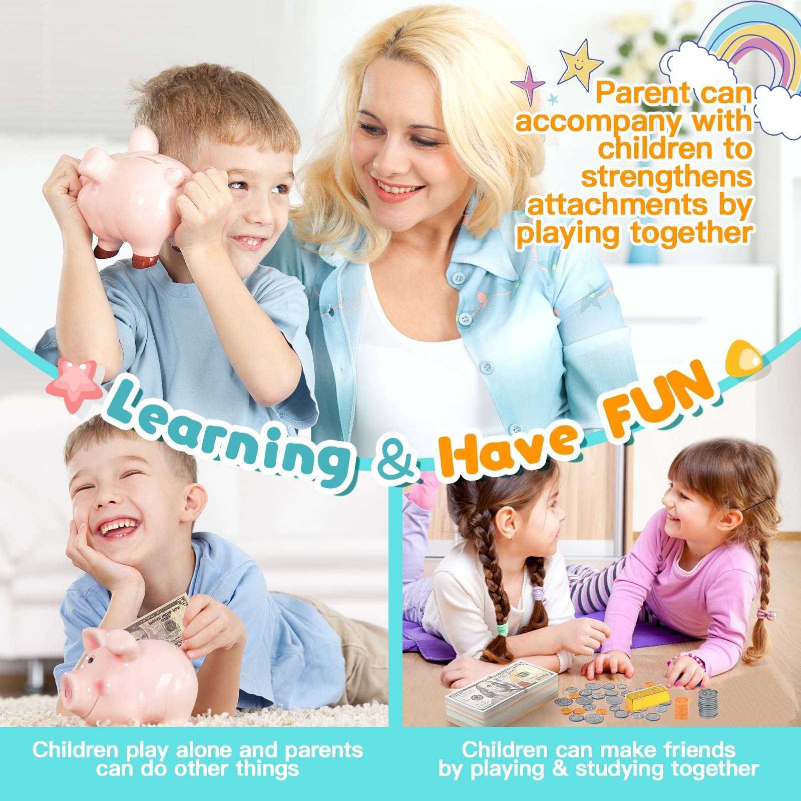 Quiet Flower Learning Pretend Play Coin, Copy Pretend Coins Toys for Kids, Prop Fake Coins and Banking Play Toys Set(200pcs) 6