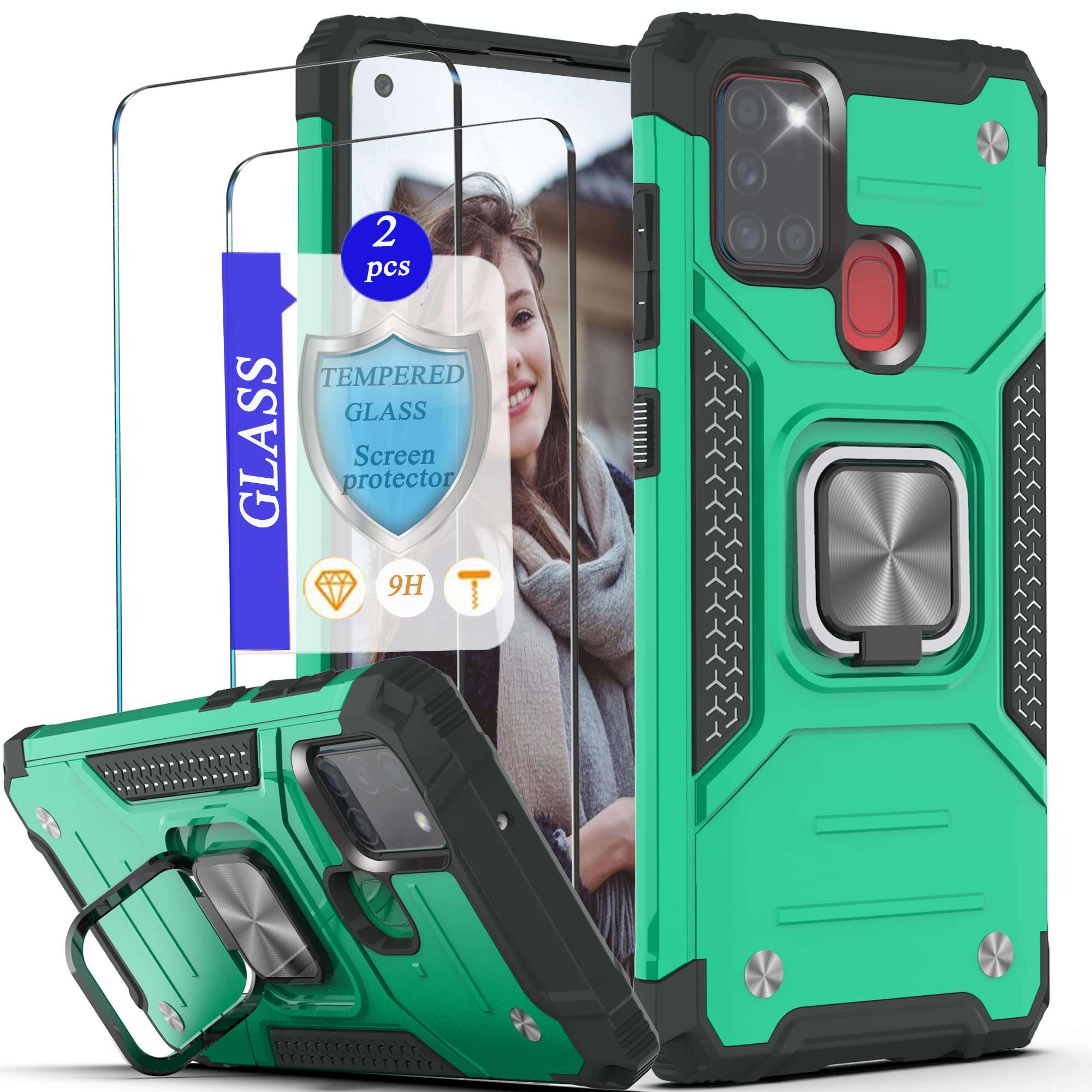 YmhxcY Galaxy A21S Case, Samsung A21S Case with Tempered Glass Screen Protector [2 Pack], Armor Grade Case with Rotating Holder Kickstand Non-Slip Hybrid Rugged Case for Galaxy A21S-KJ Dark Green 1